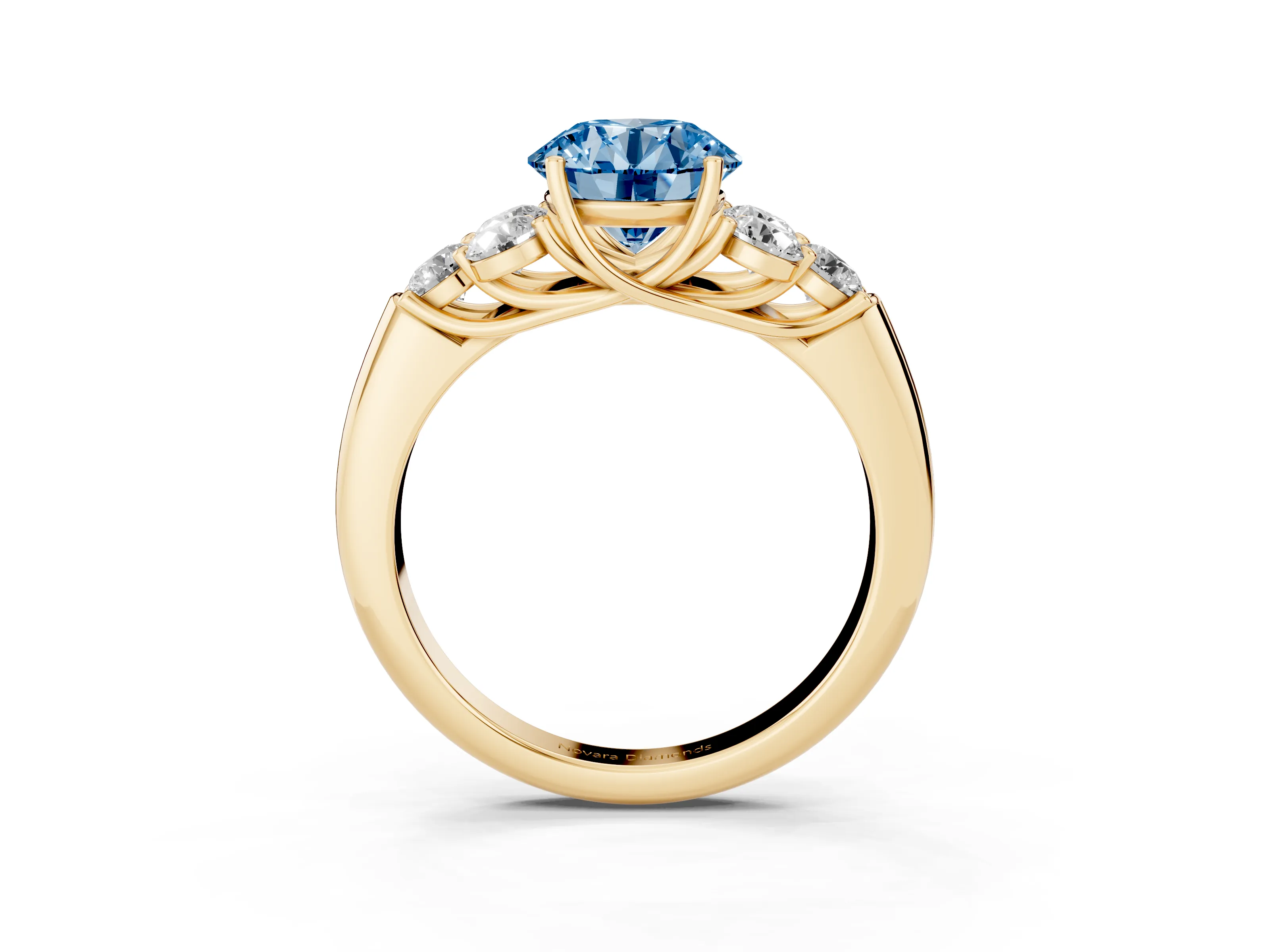 Fancy Blue Round Cut Diamond Cluster Ring Set in Yellow gold with Round Accent Stones and Prong Setting on a Plain Band