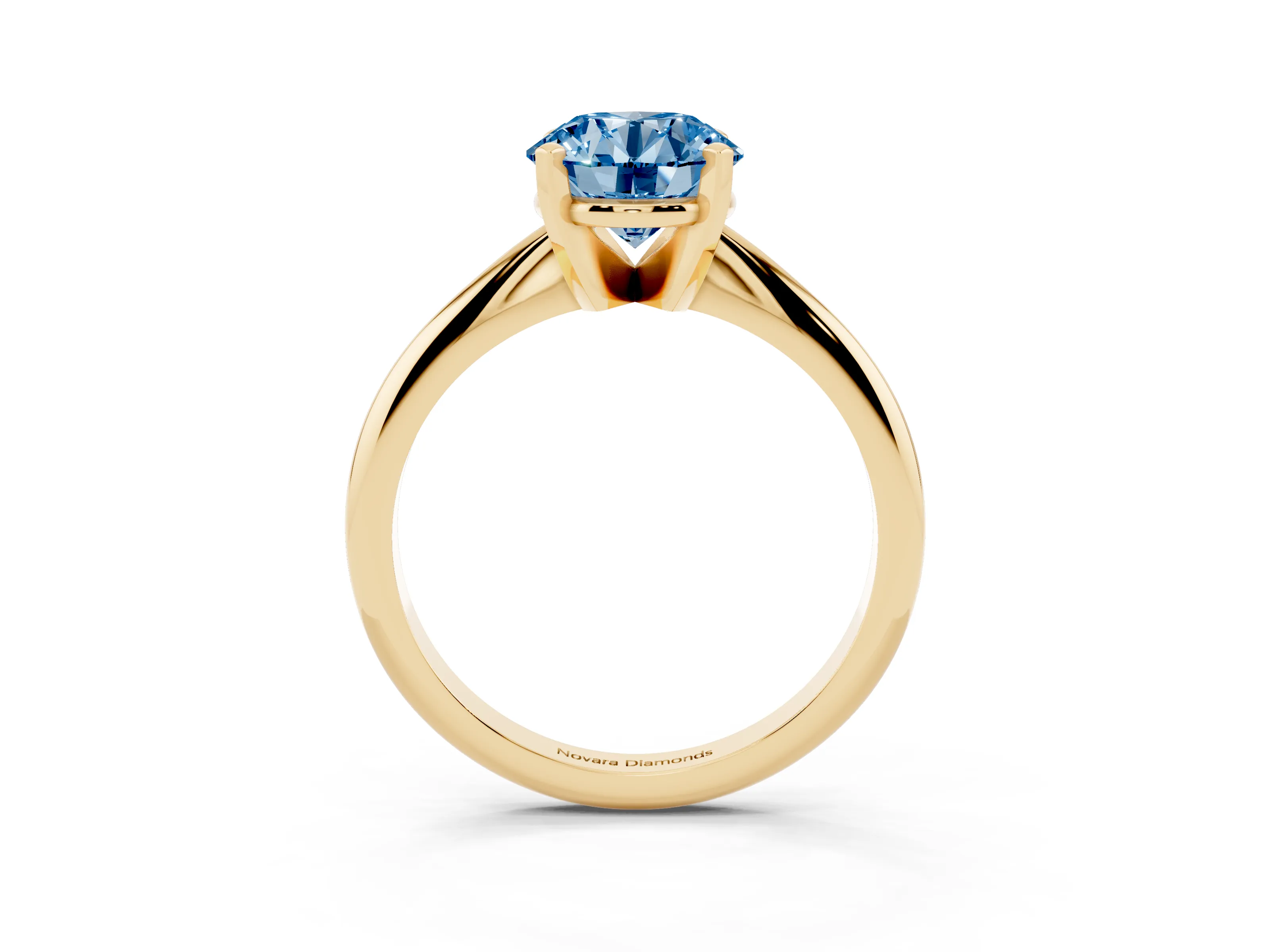 Fancy Blue Round Cut Diamond Solitaire Ring Set in Yellow gold with Prong Setting on a Plain Round Band