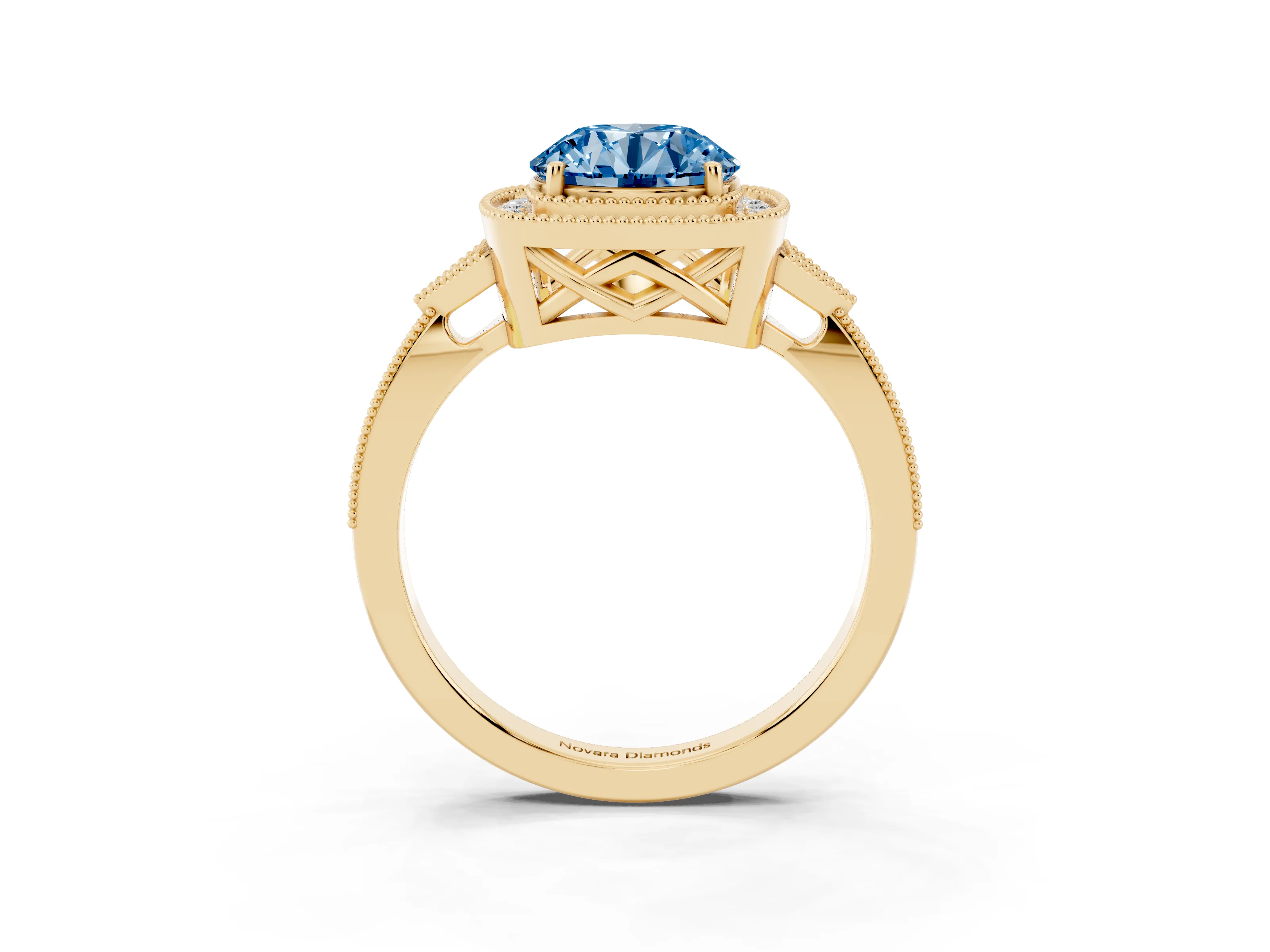 Fancy Blue Round Cut Diamond Halo Engagement Ring Set in Yellow gold with Milgrain Pavé Band