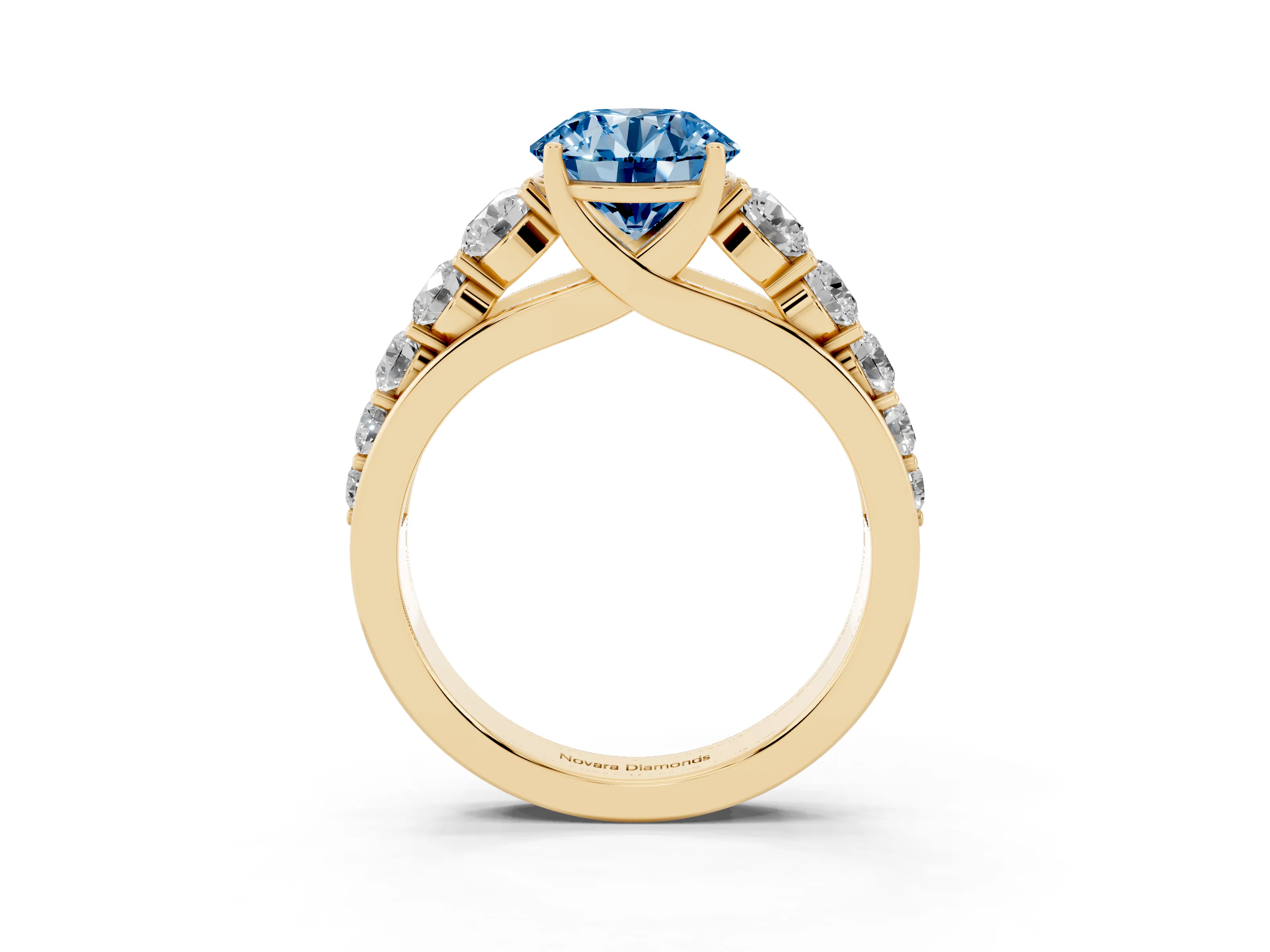Fancy Blue Round Cut Diamond Solitaire Ring Set in Yellow gold with Pavé-Set Band and Prong Setting