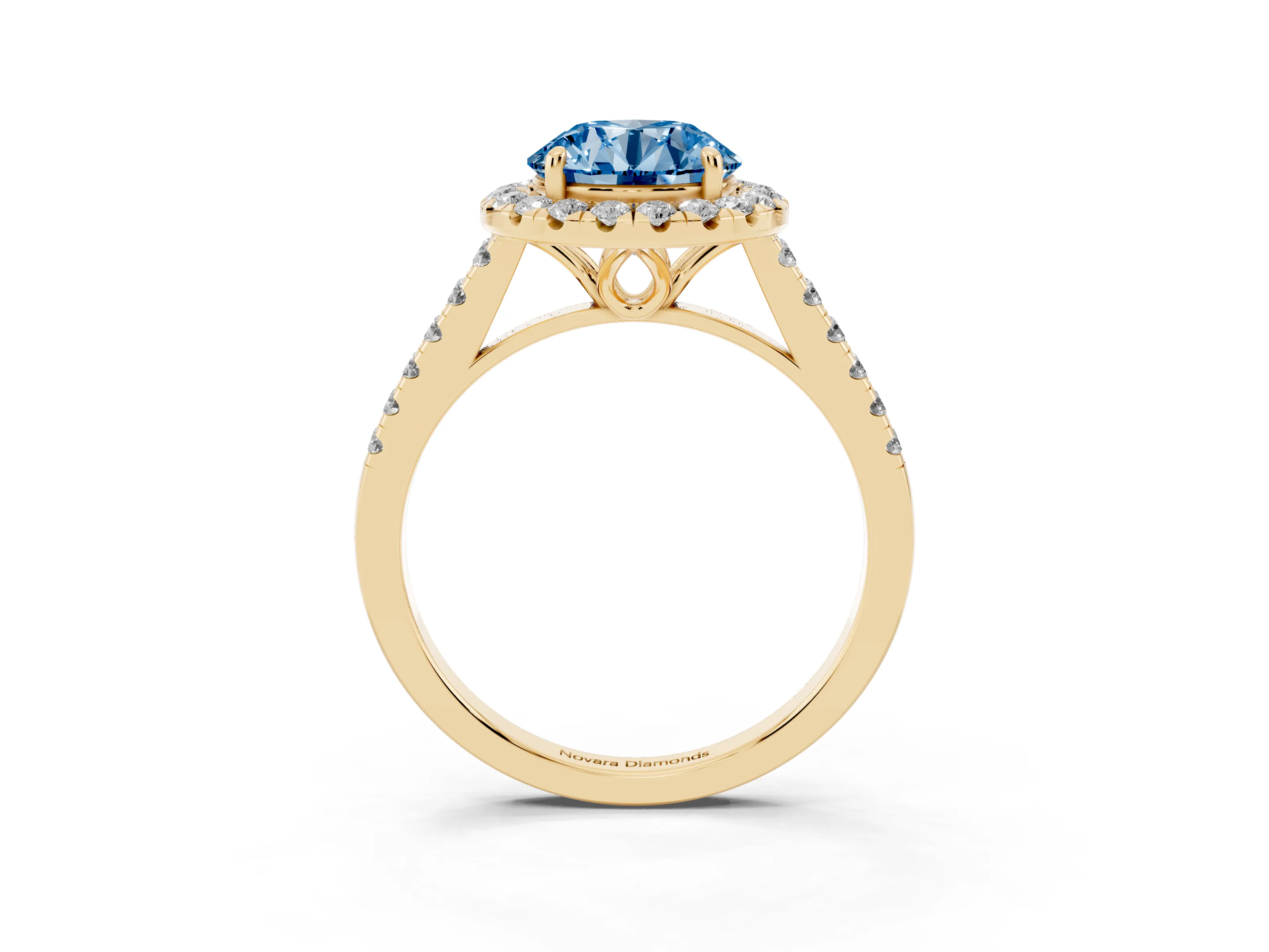 Fancy Blue Round Cut Diamond Pavé Halo Engagement Ring Set in Yellow gold with Pavé Band and Prong Setting