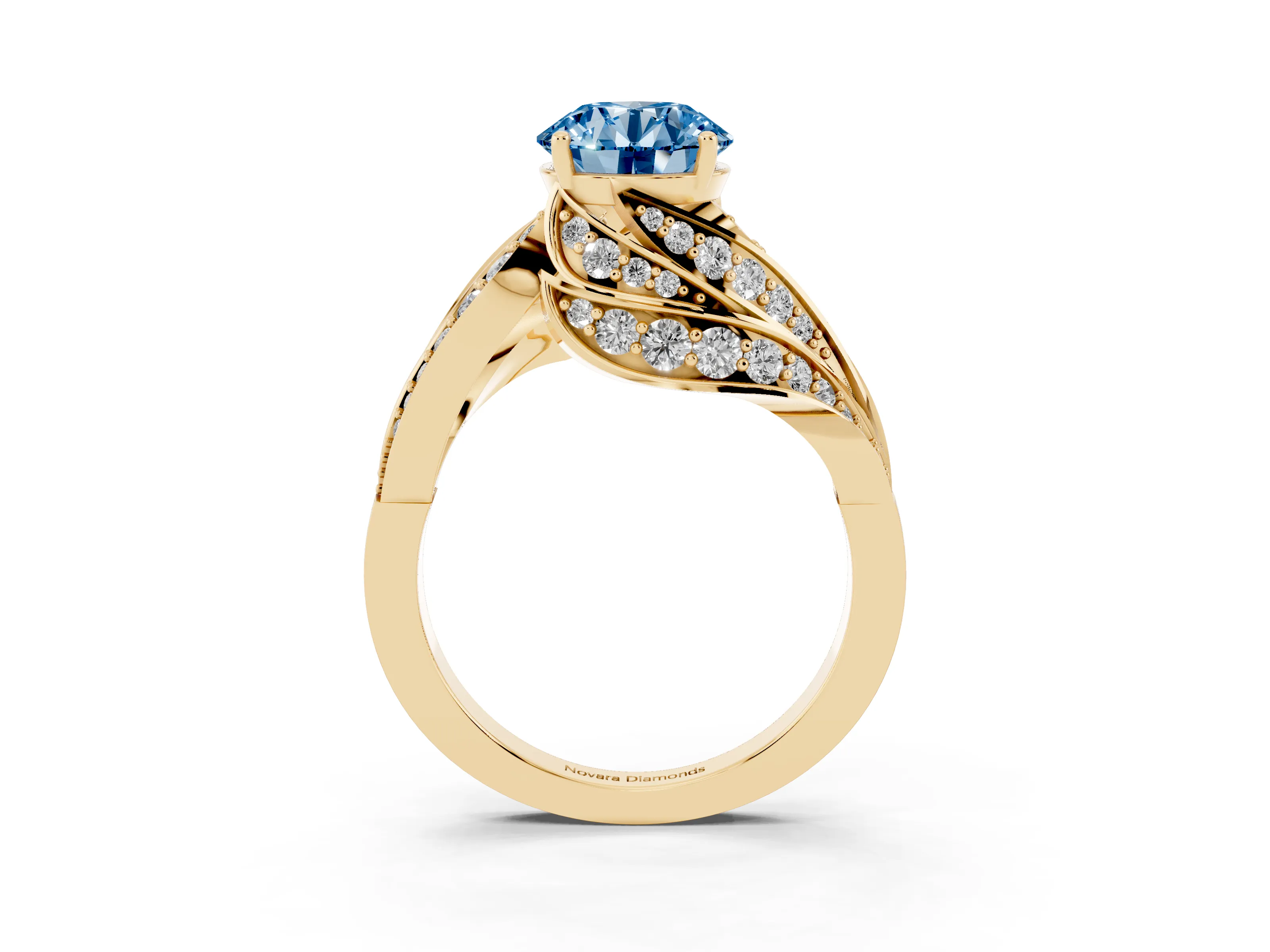 Fancy Blue Round Cut Diamond Solitaire Ring Set in Yellow gold with Layered Twist Pavé Band