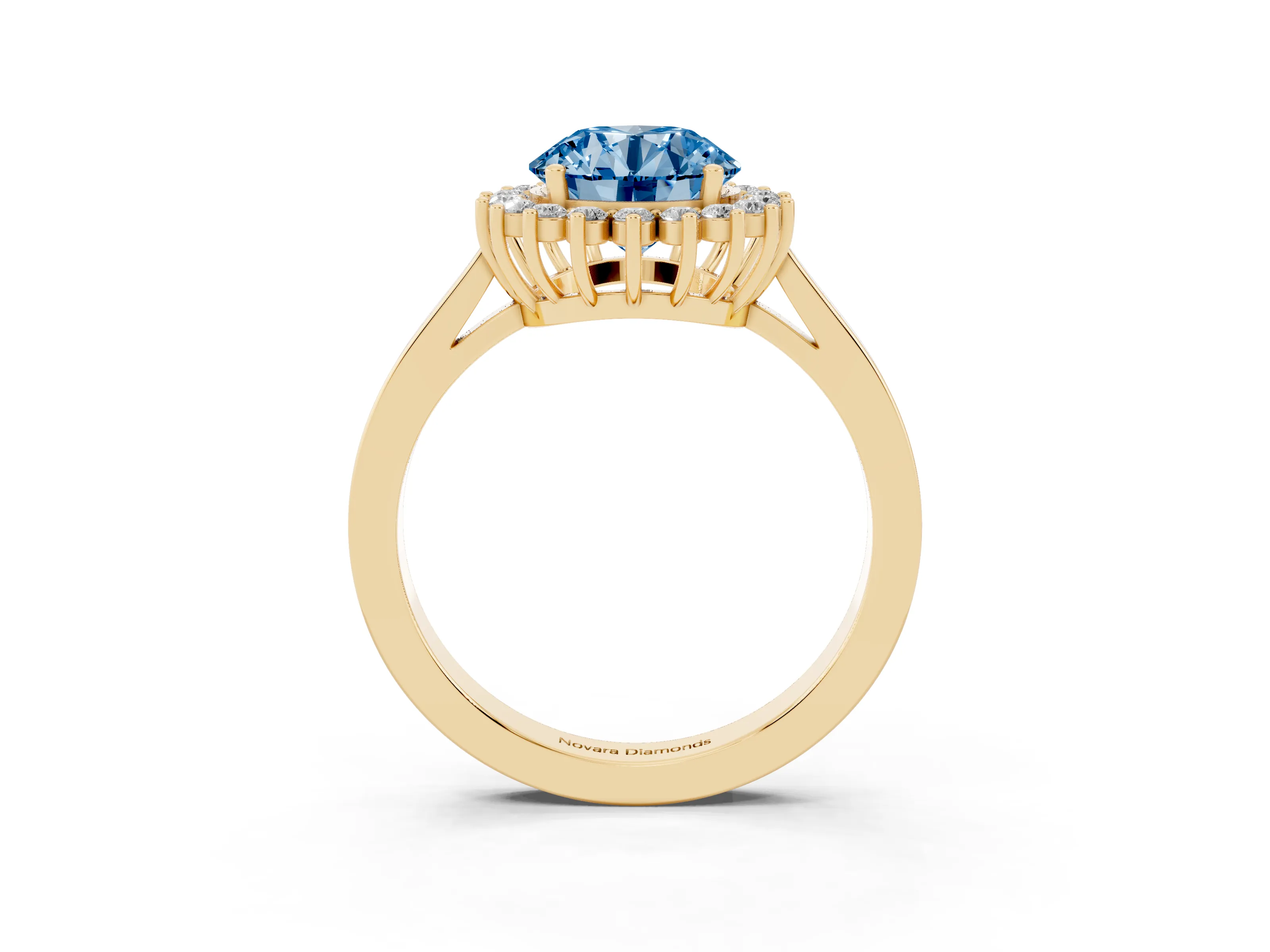 Fancy Blue Round Cut Diamond Halo Ring Set in Yellow gold with Round Halo and Smooth Solitaire Band
