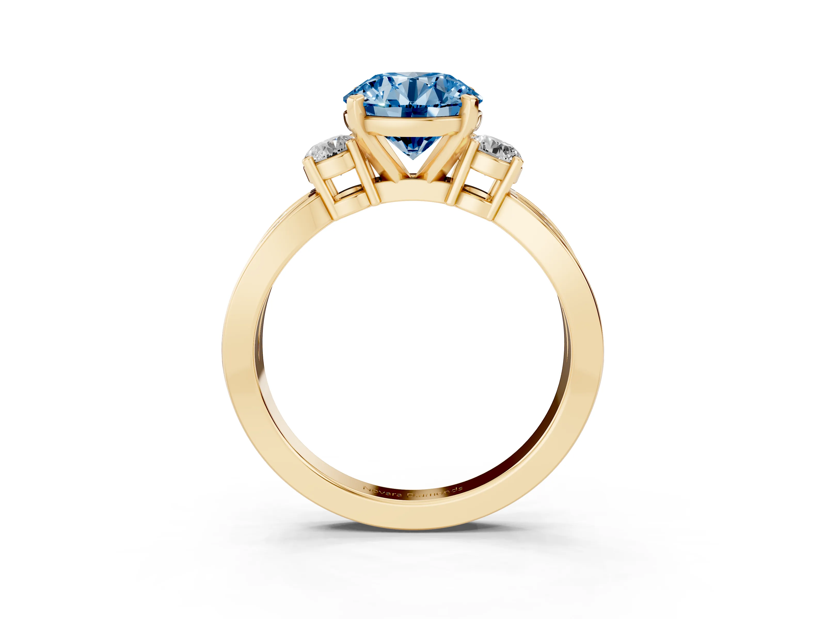 Fancy Blue Three-Stone Round Cut Diamond Twist Band Ring Set in Yellow gold with Pavé Accents and Prong Setting