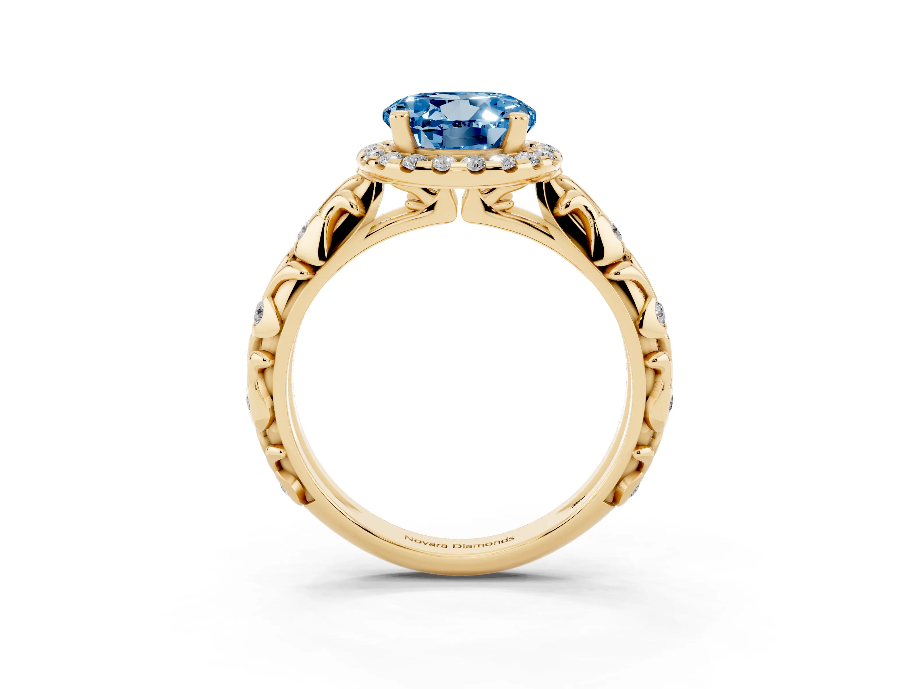 Fancy Blue Round Cut Diamond Halo Ring Set in Yellow gold with Filigree Leaf Band and Prong Setting