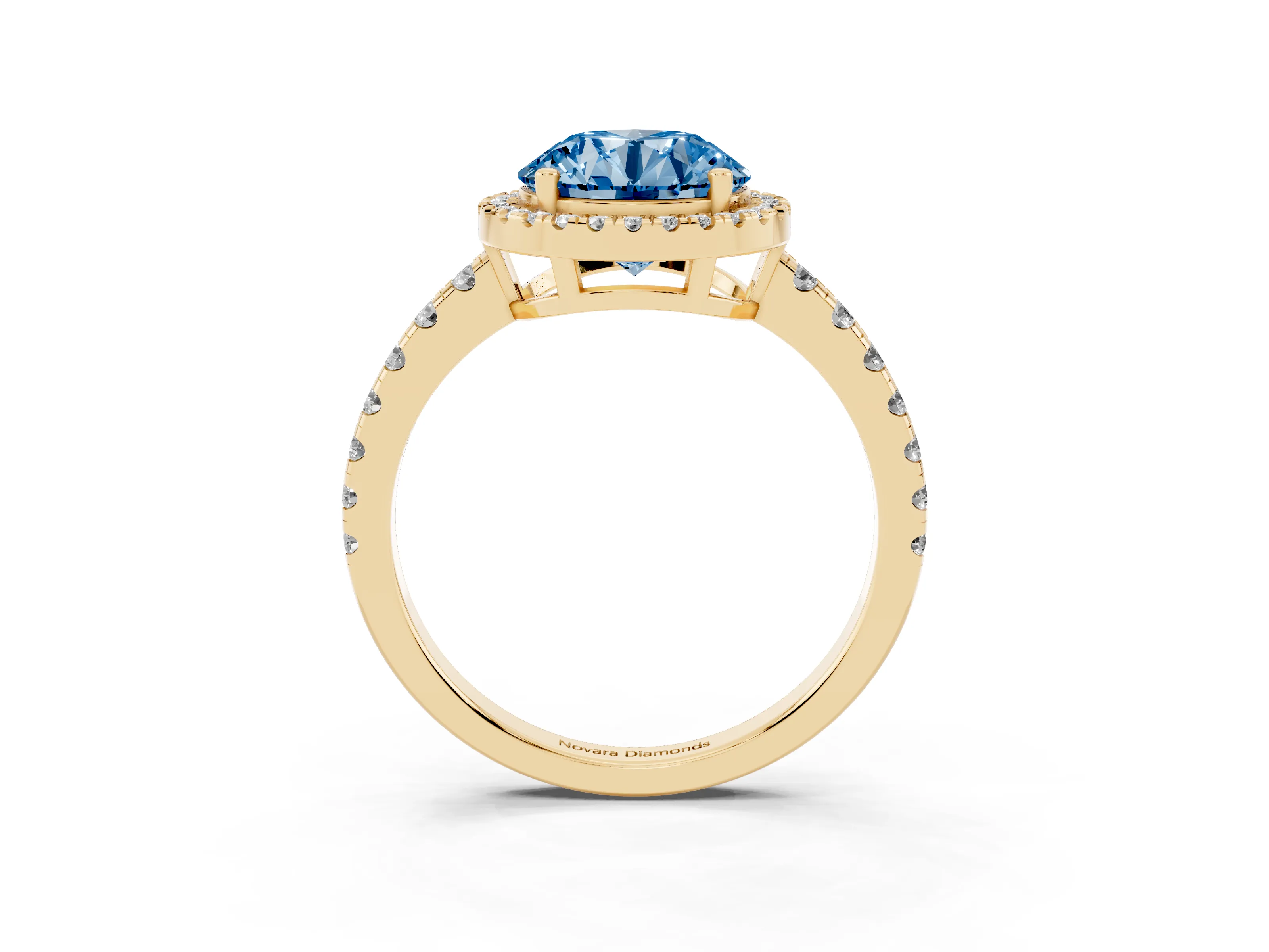 Fancy Blue Round Cut Diamond Halo Ring Set in Yellow gold with Delicate Pavé Band and Prong Setting