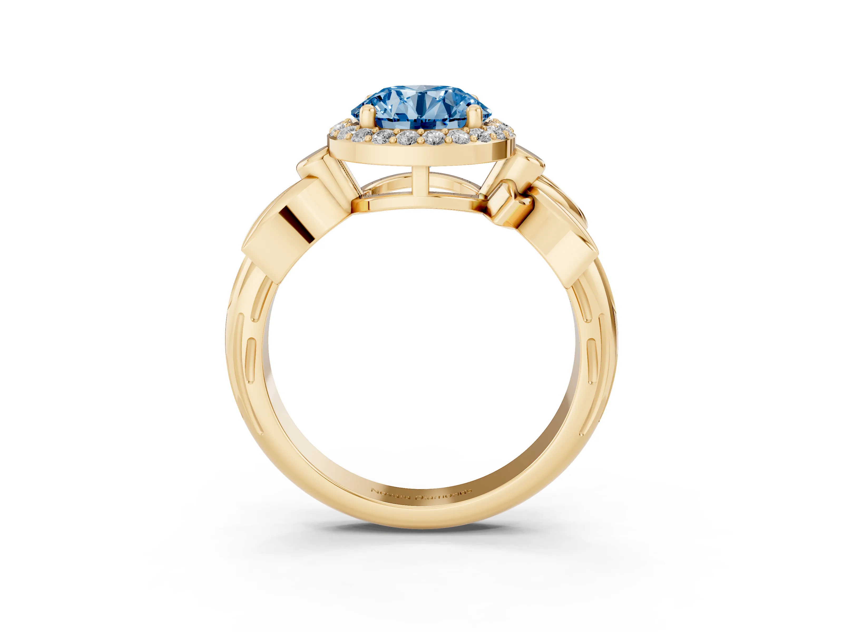 Fancy Blue Round Cut Diamond Halo Floral Band Ring Set in Yellow gold with Prong Setting