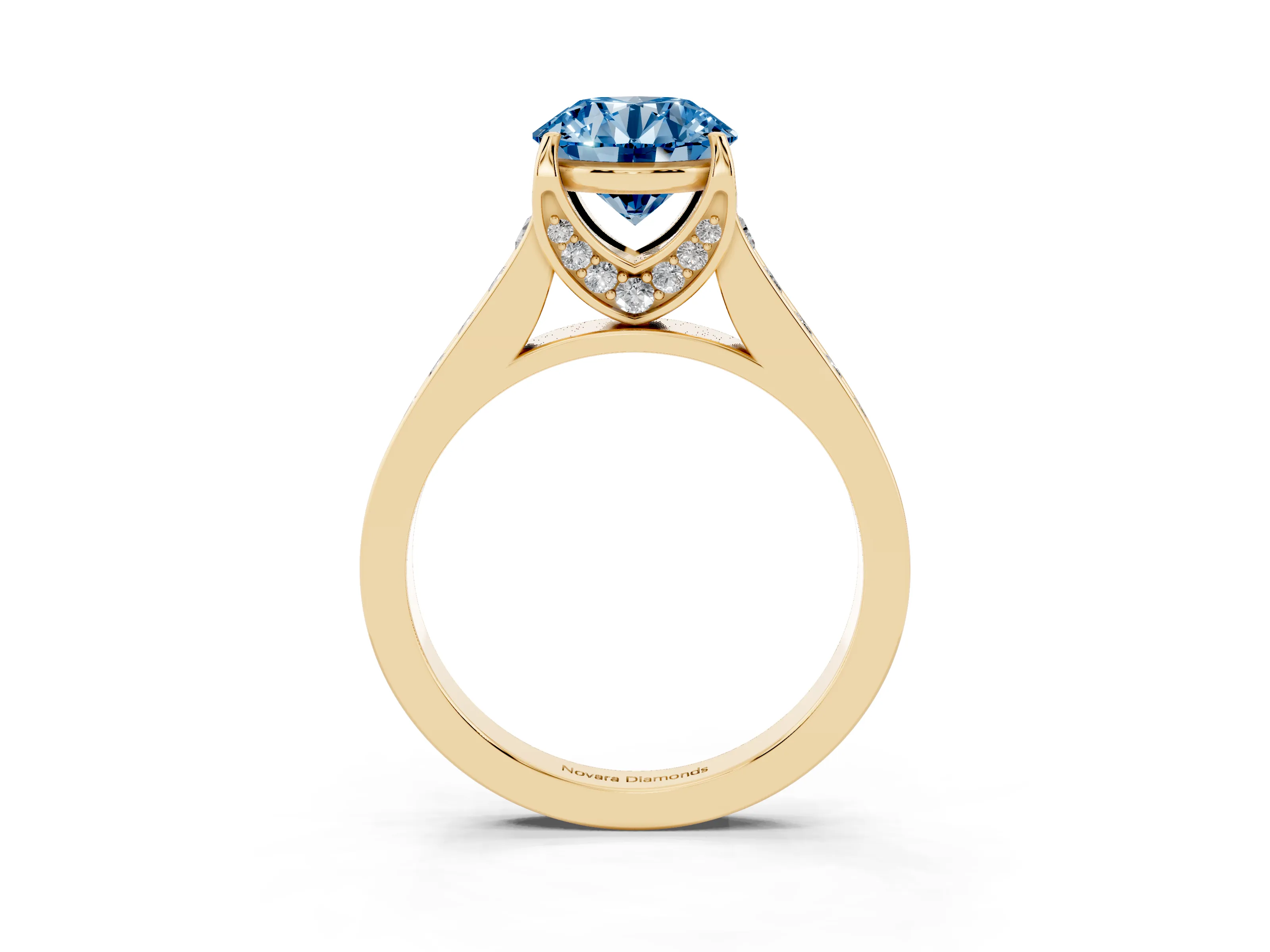 Fancy Blue Round Cut Diamond Solitaire Pavé Engagement Ring Set in Yellow gold with Prong Setting