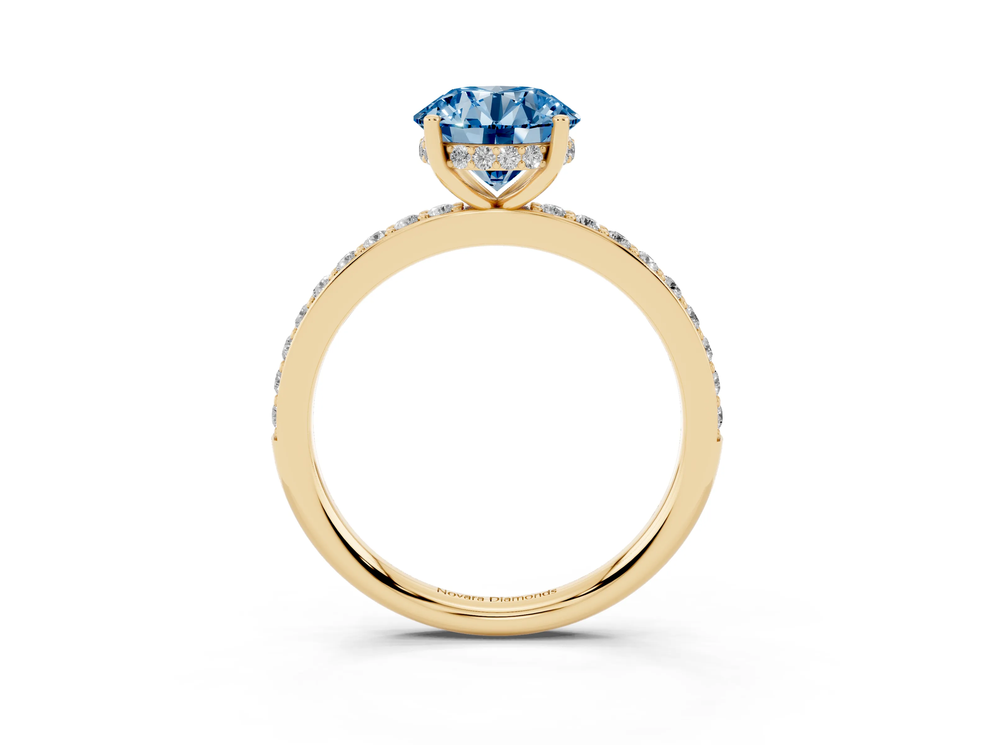 Fancy Blue Round Cut Diamond Pavé Band Ring Set in Yellow gold with Prong-Set Center Stone