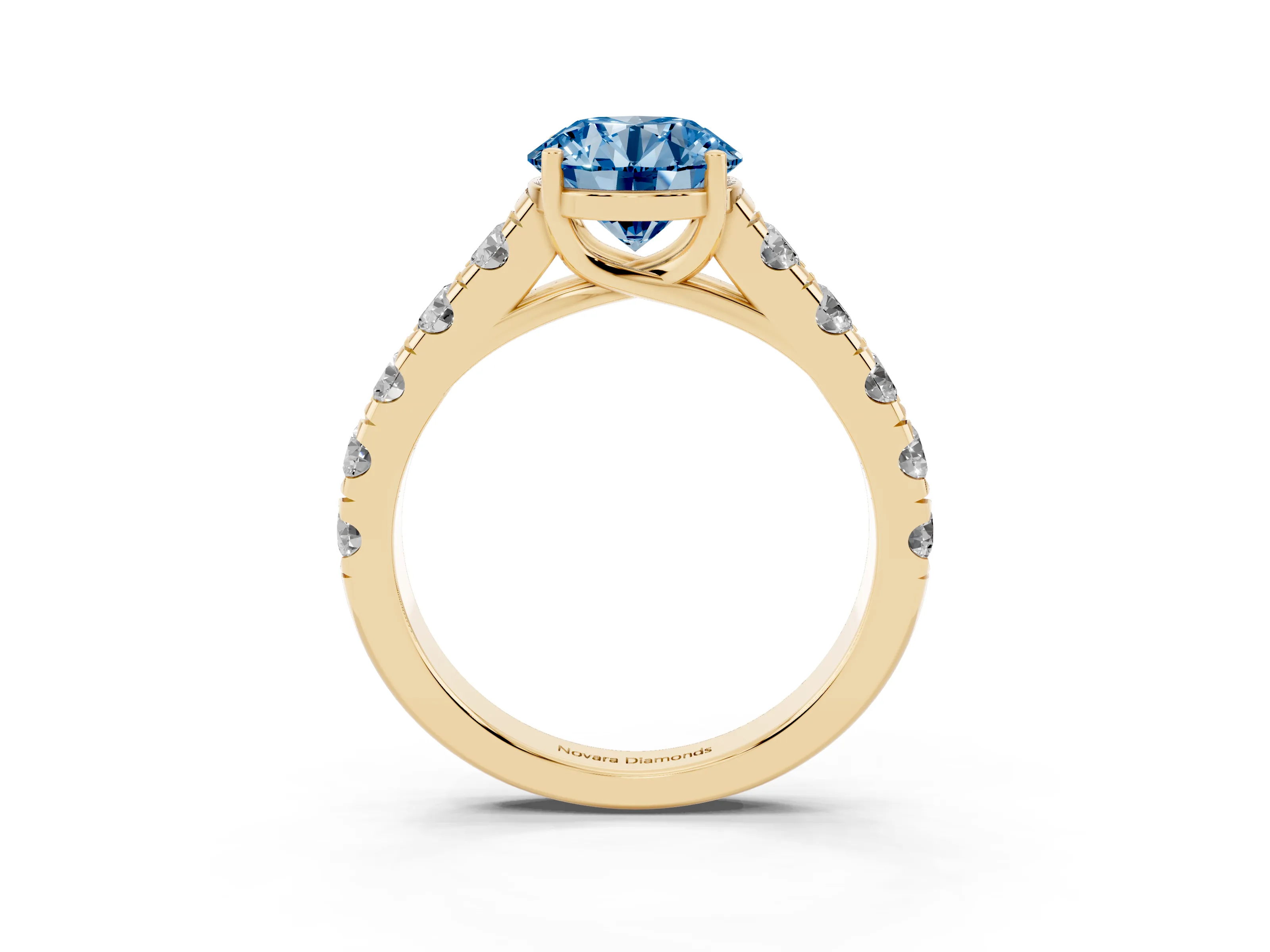Fancy Blue Round Cut Diamond Solitaire Ring Set in Yellow gold with Cut-Down Micro Pavé Band and Prong Setting
