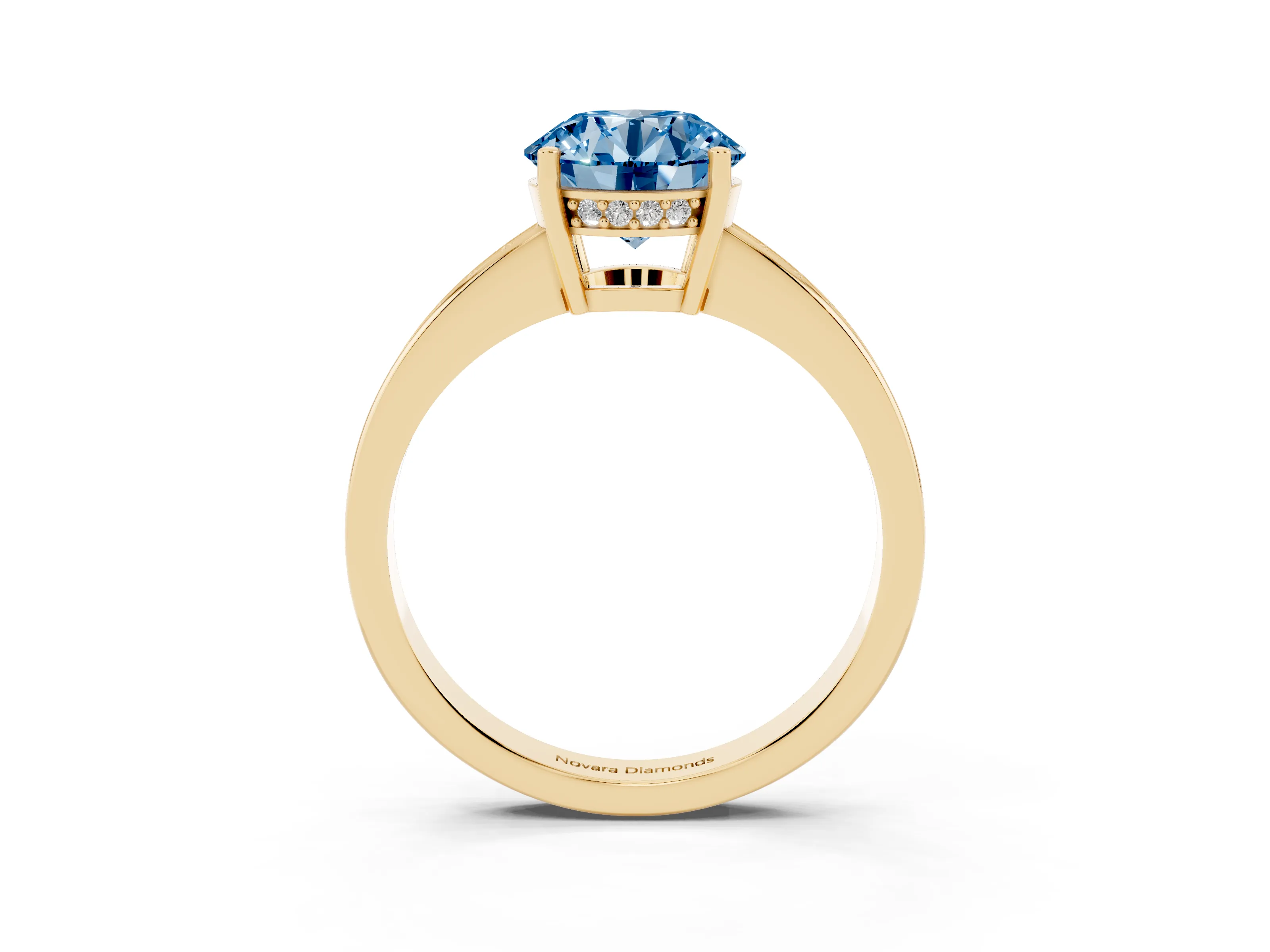 Fancy Blue Round Cut Diamond Pavé Band Prong Set Solitaire Ring Set in Yellow gold