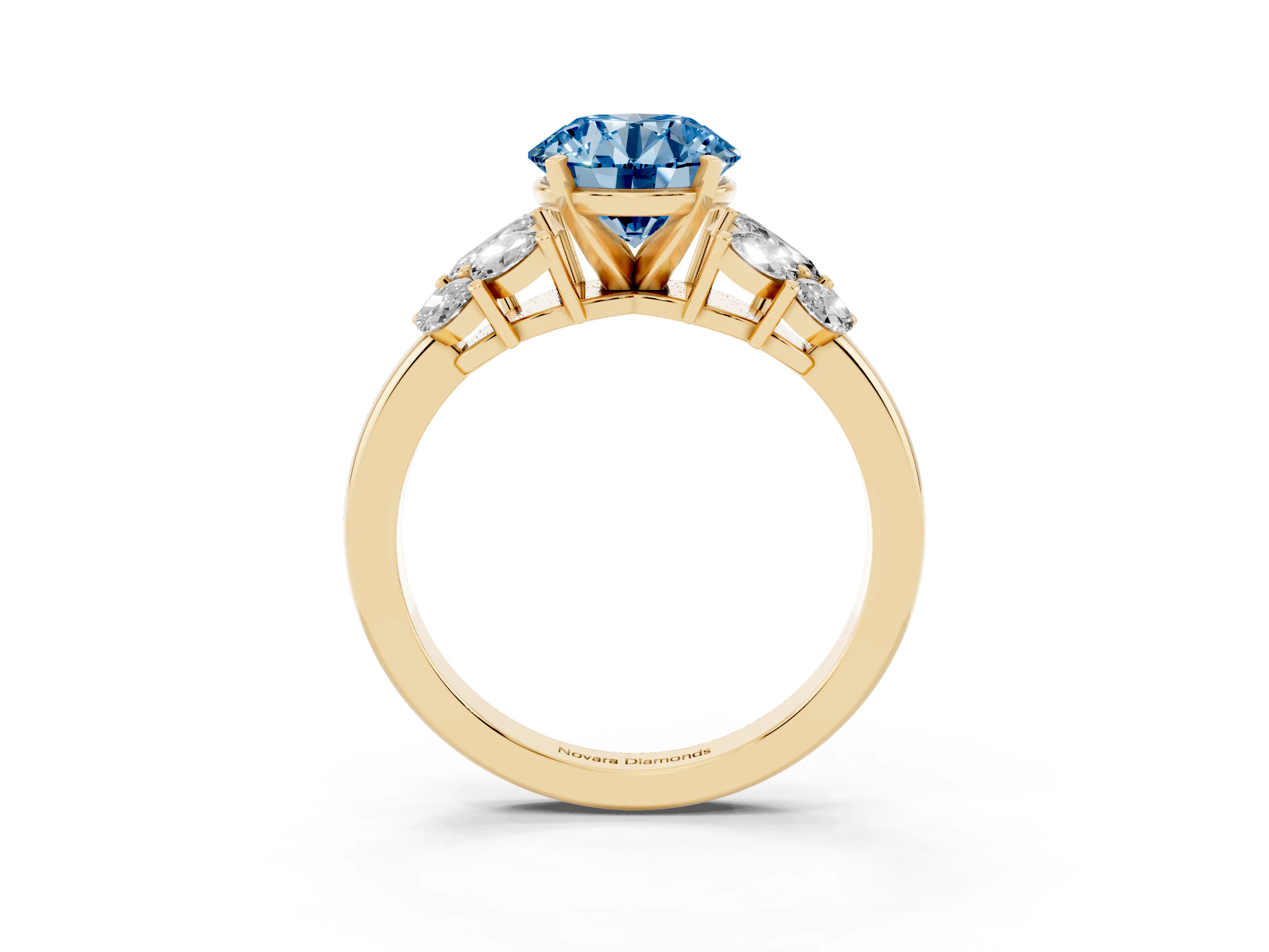 Fancy Blue Round Cut Diamond Cluster Leaf Design Ring Set in Yellow gold with Prong Setting