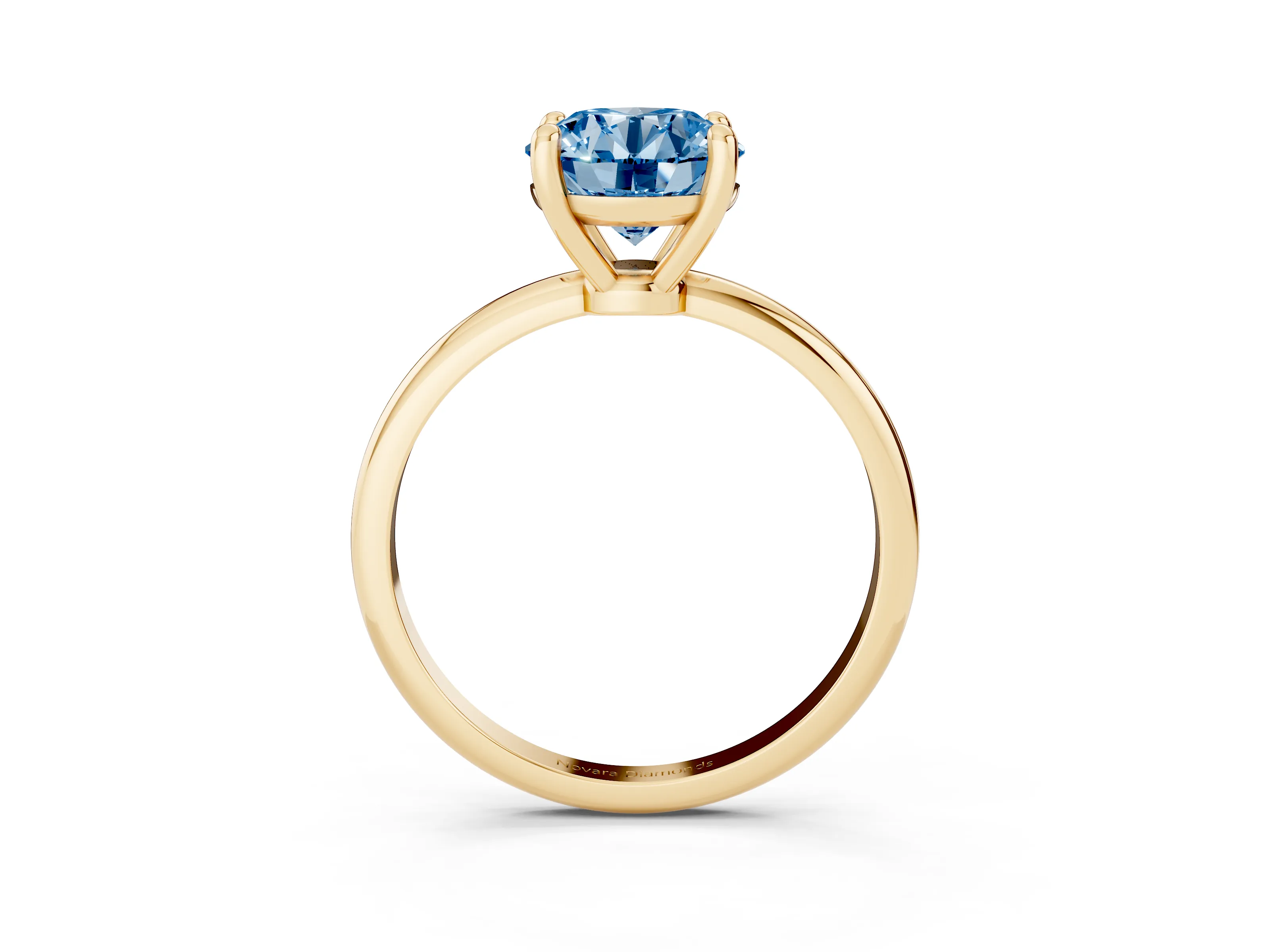 Fancy Blue Round Cut Diamond Solitaire Ring Set in Yellow gold with Secure Prong Setting on a Classic Band