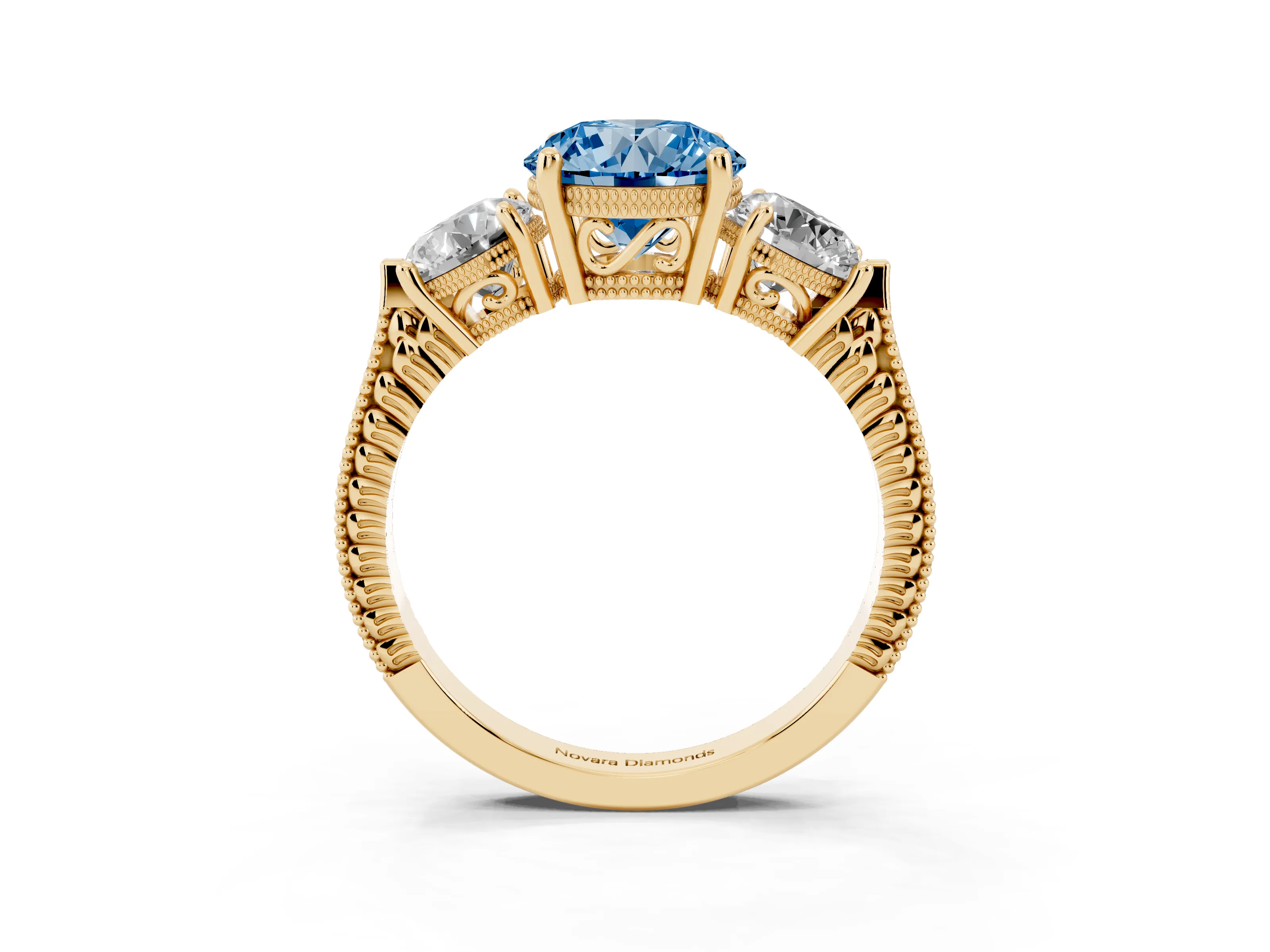 Fancy Blue Round Cut Diamond Three-Stone Ring Set in Yellow gold with Milgrain Band