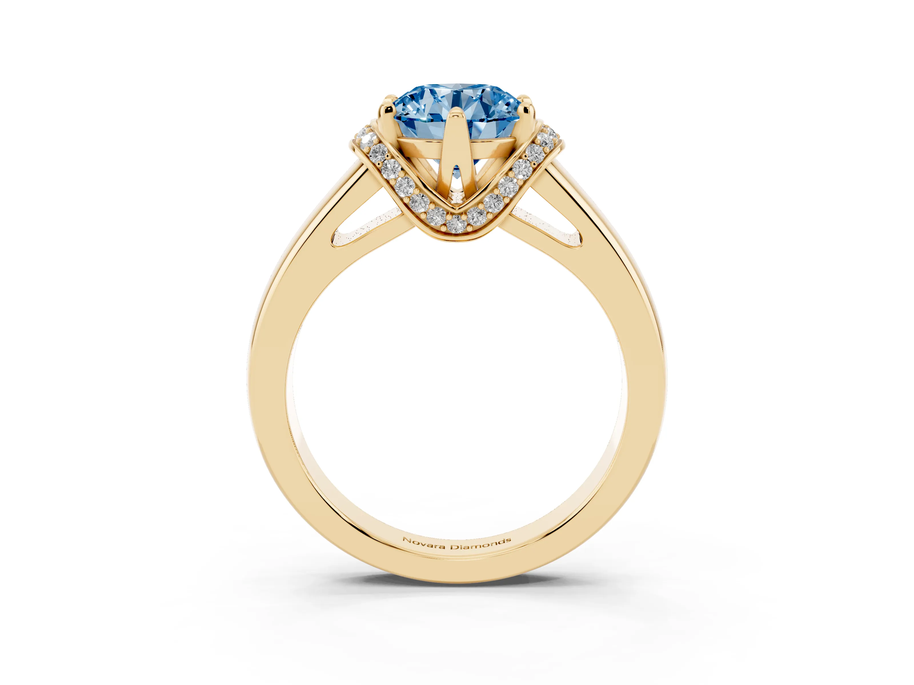 Fancy Blue Round Cut Diamond Pavé Band Solitaire Ring Set in Yellow gold with Prong Setting