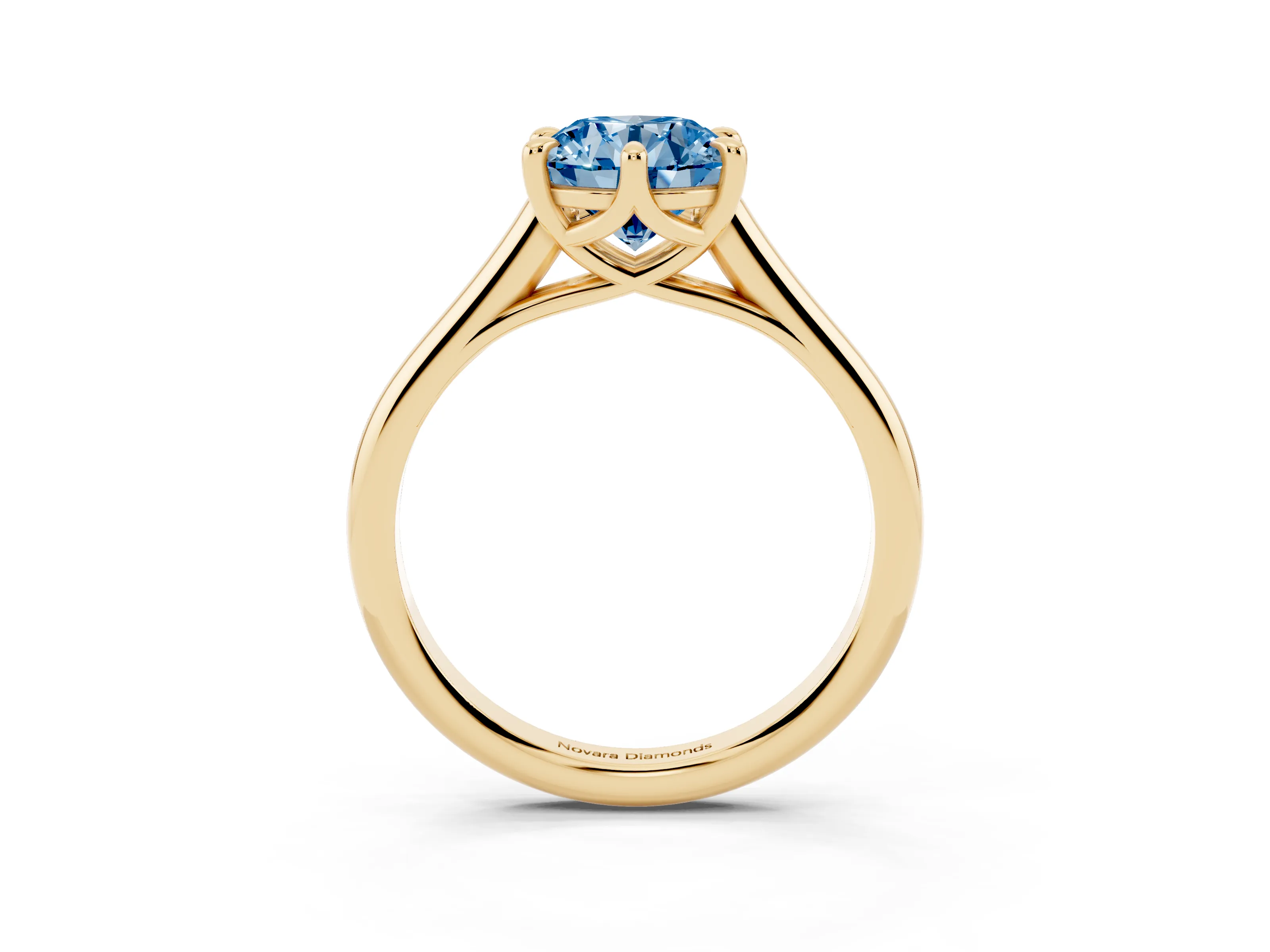 Fancy Blue Round Cut Diamond Solitaire Engagement Ring Set in Yellow gold with Prong Setting and Plain Classic Band