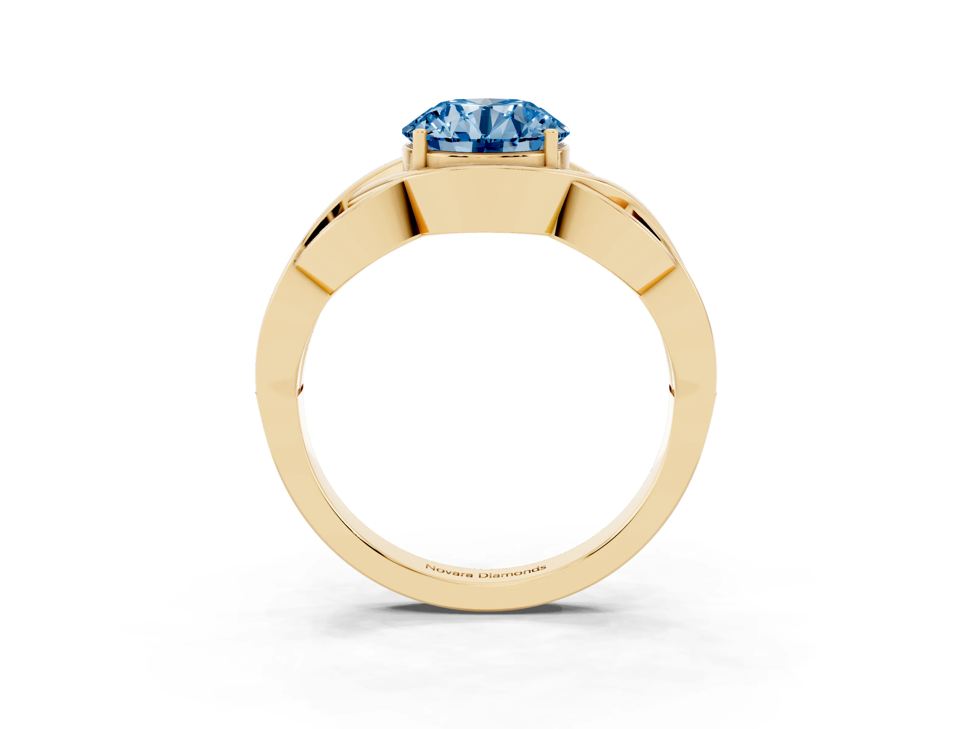 Fancy Blue Round Cut Diamond Solitaire Ring Set in Yellow gold with Intertwined Band