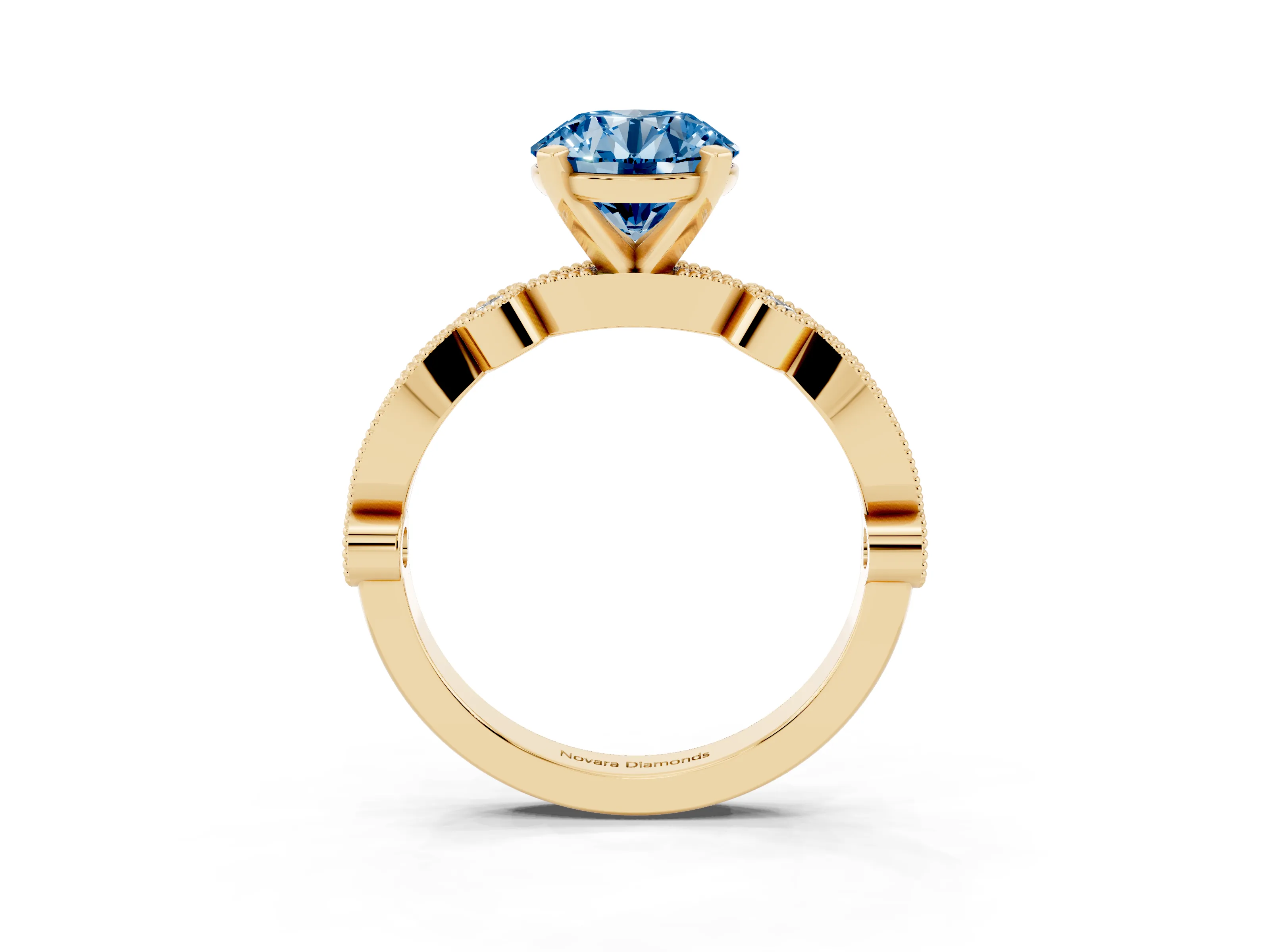 Fancy Blue Round Cut Diamond Solitaire Engagement Ring Set in Yellow gold with Milgrain Bezel Accent Band