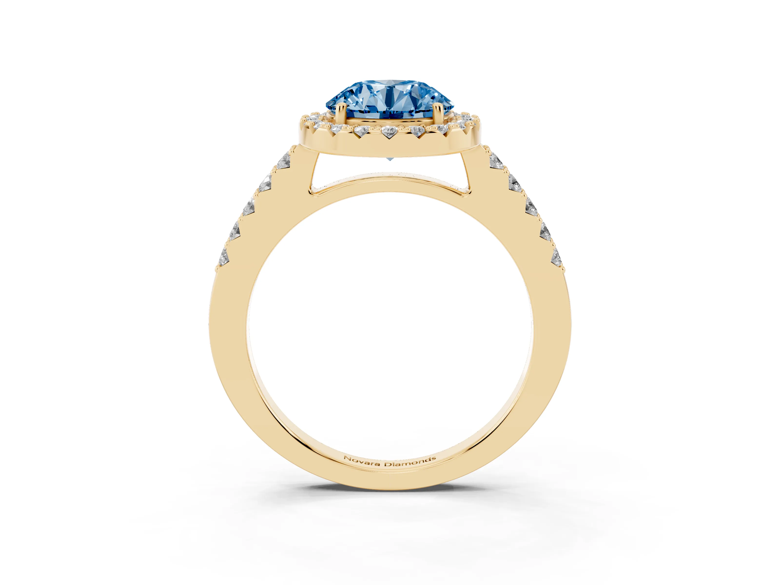 Fancy Blue Round Cut Diamond Halo Pavé Solitaire Ring Set in Yellow gold with Prong-Set Center Stone