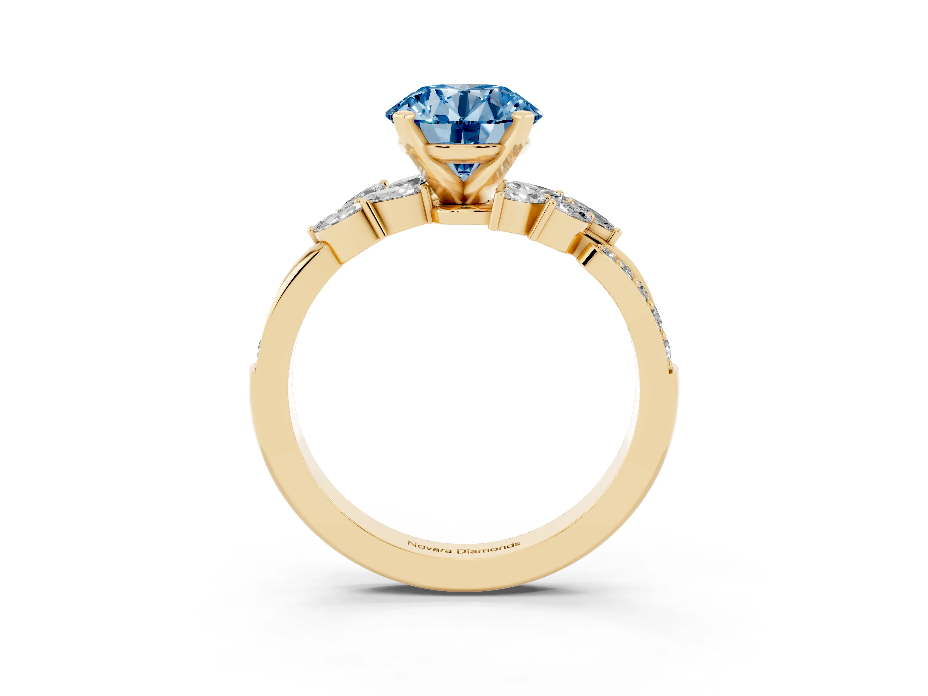 Fancy Blue Round Cut Diamond Solitaire Ring Set in Yellow gold with Marquise Twist Band and Prong Setting