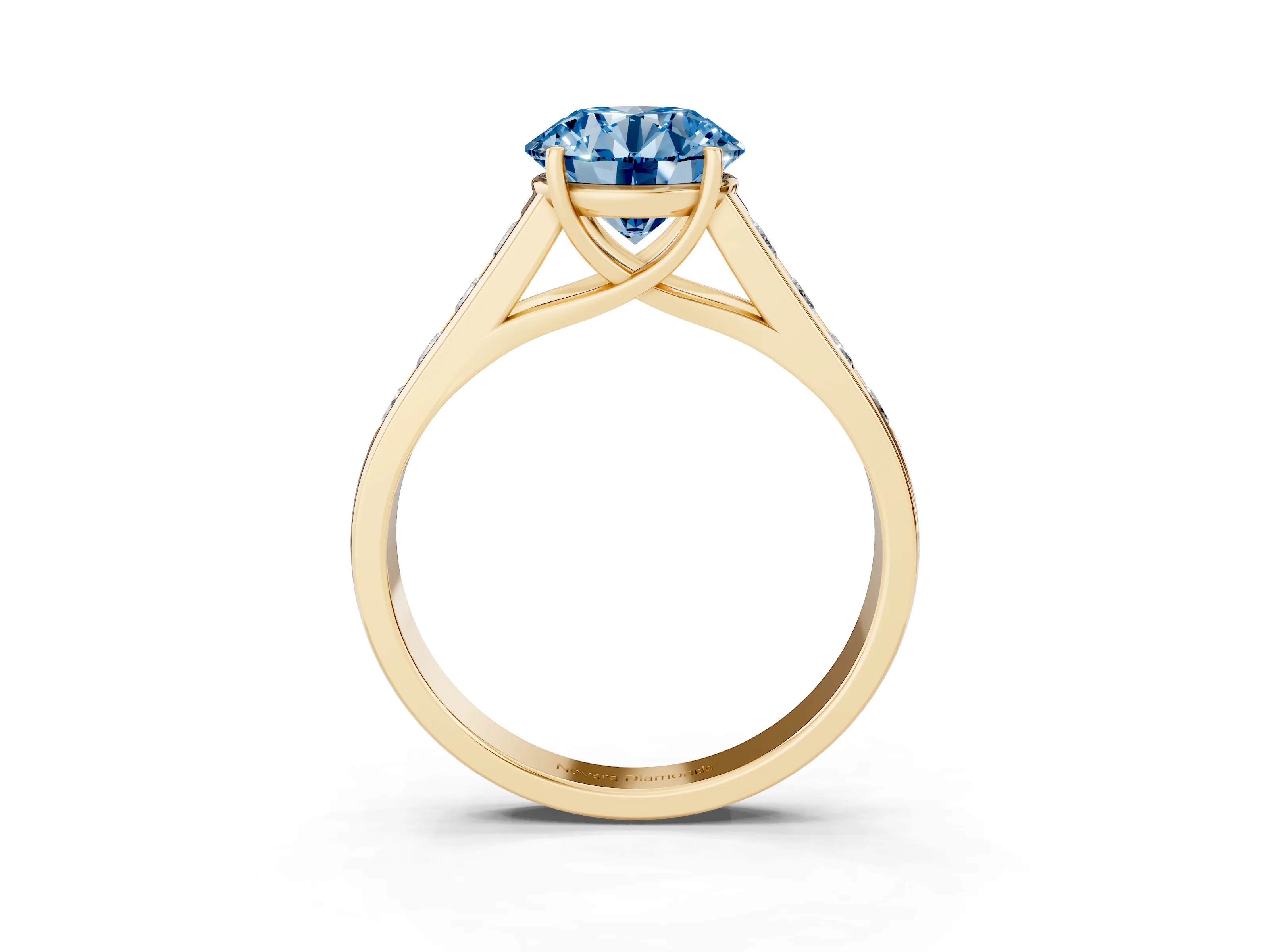 Fancy Blue Round Cut Diamond Solitaire Channel-Set Engagement Ring Set in Yellow gold with Prong Setting