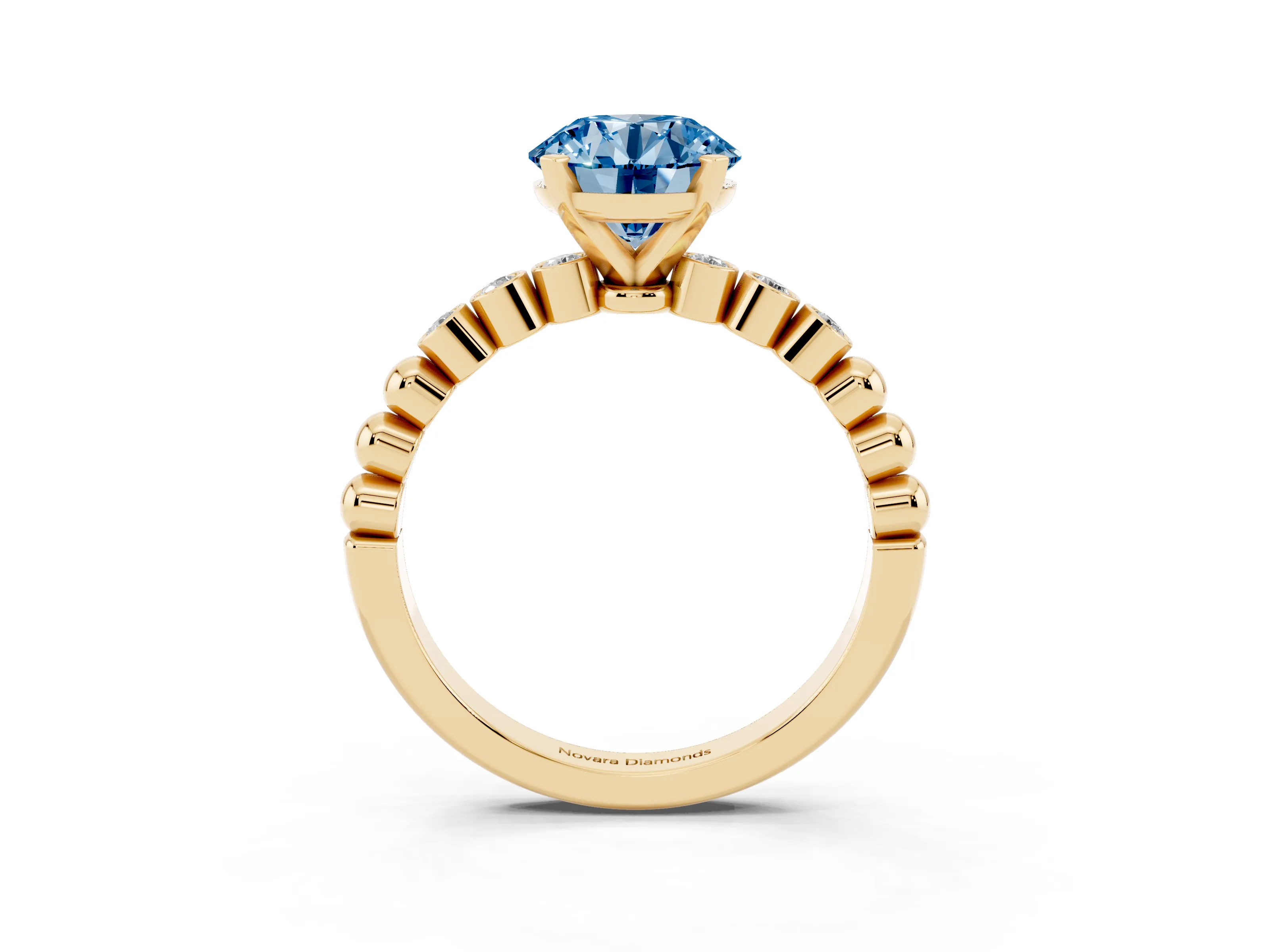 Fancy Blue Round Cut Diamond Solitaire Engagement Ring Set in Yellow gold with Bezel Accents on Beaded Band