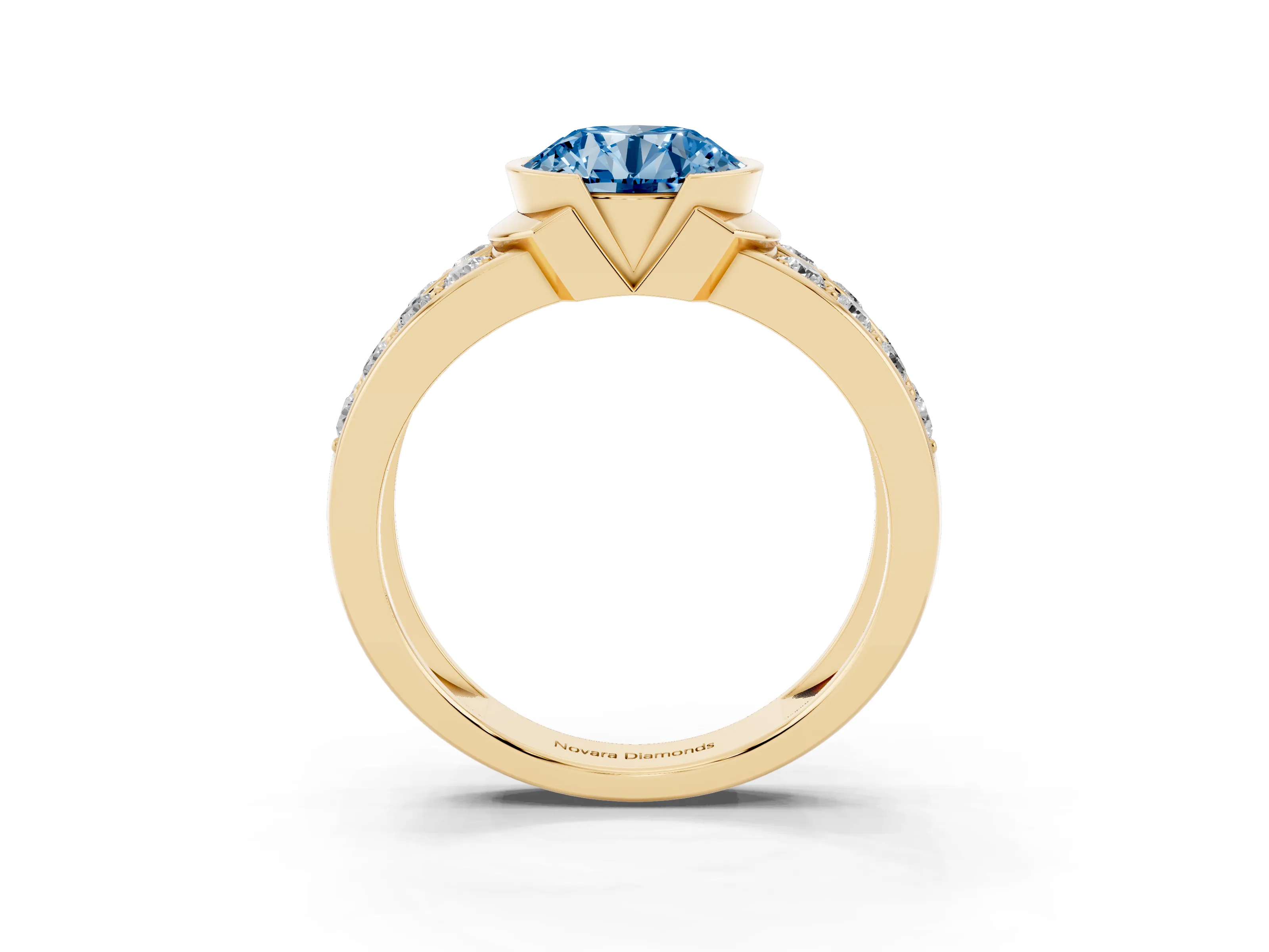 Fancy Blue Round Cut Diamond Wide Channel Set Band Ring Set in Yellow gold with Bezel Setting