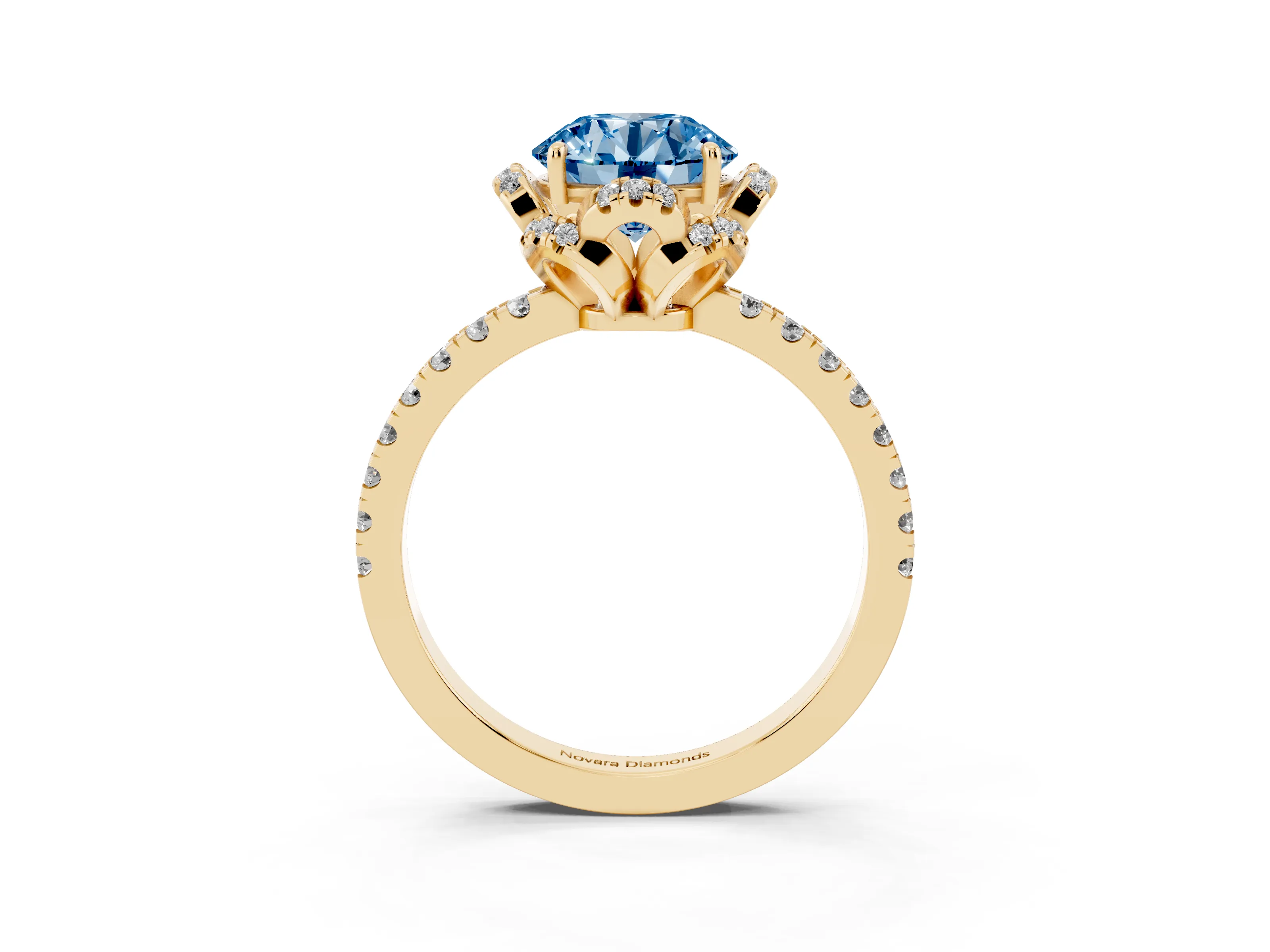 Fancy Blue Round Cut Diamond Halo Pavé Band Ring Set in Yellow gold with Prong-Held Center