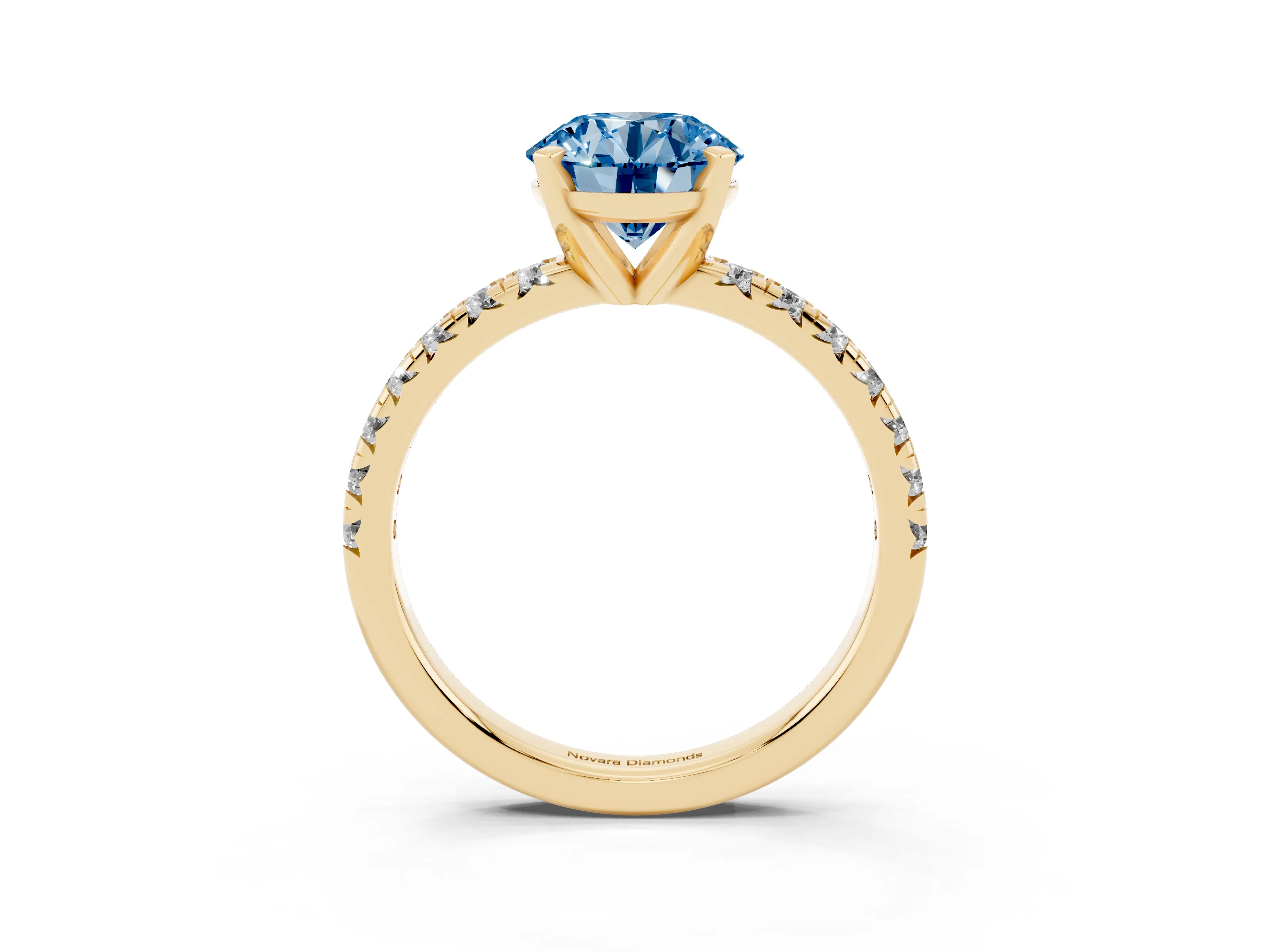 Fancy Blue Round Cut Diamond Solitaire Pavé Engagement Ring Set in Yellow gold with Round Band and Prong Setting