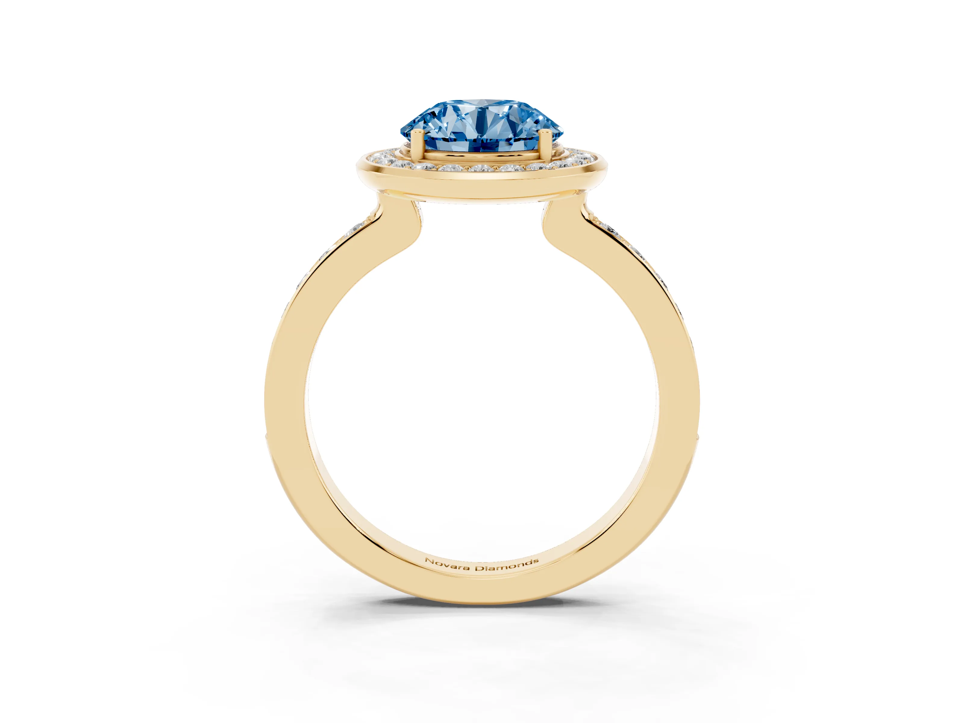 Fancy Blue Round Cut Diamond Halo Ring Set in Yellow gold with Bezel Frame and Pavé Band
