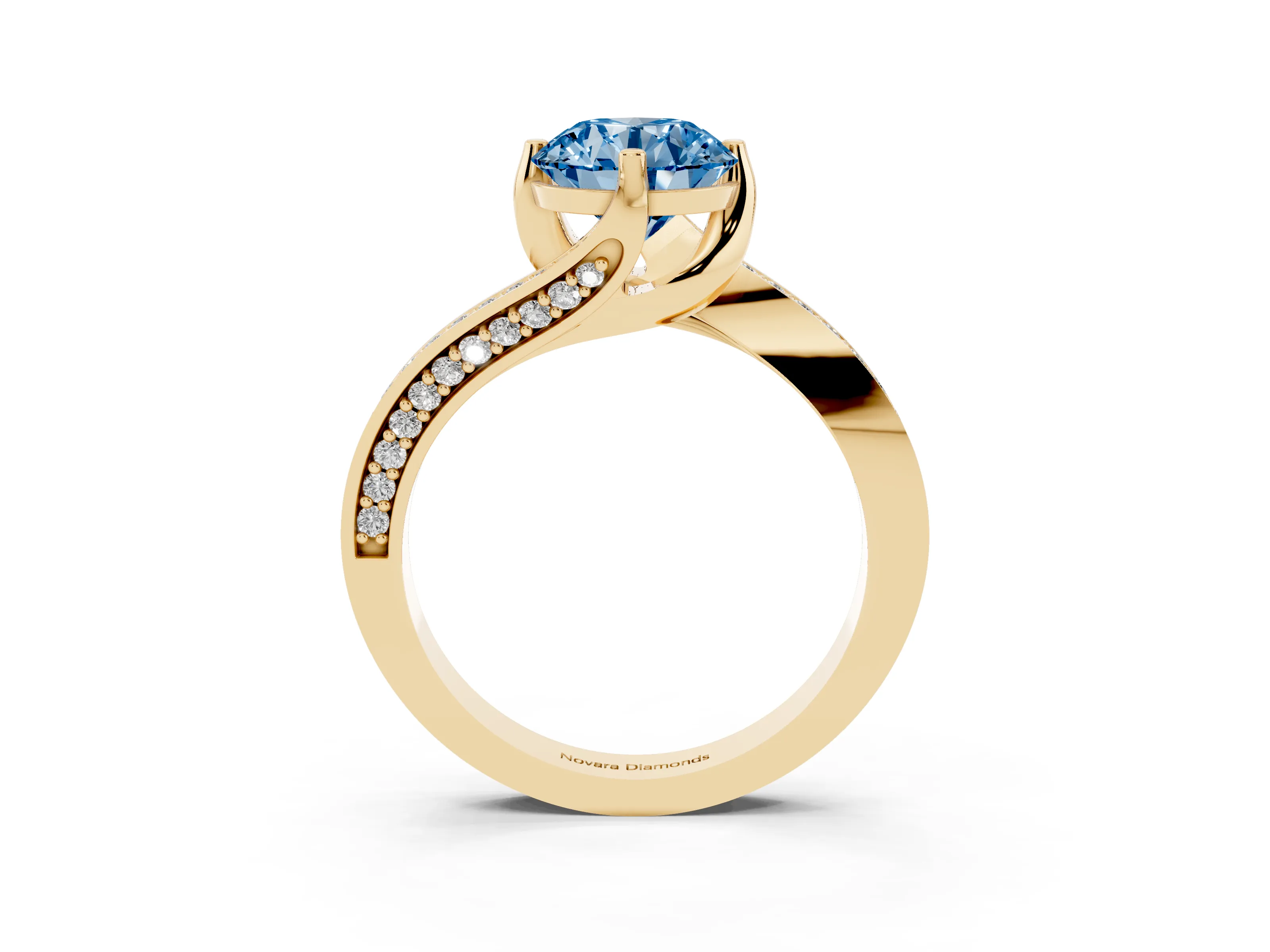 Fancy Blue Round Cut Diamond Solitaire Ring Set in Yellow gold with Intertwined Pavé Twist Band