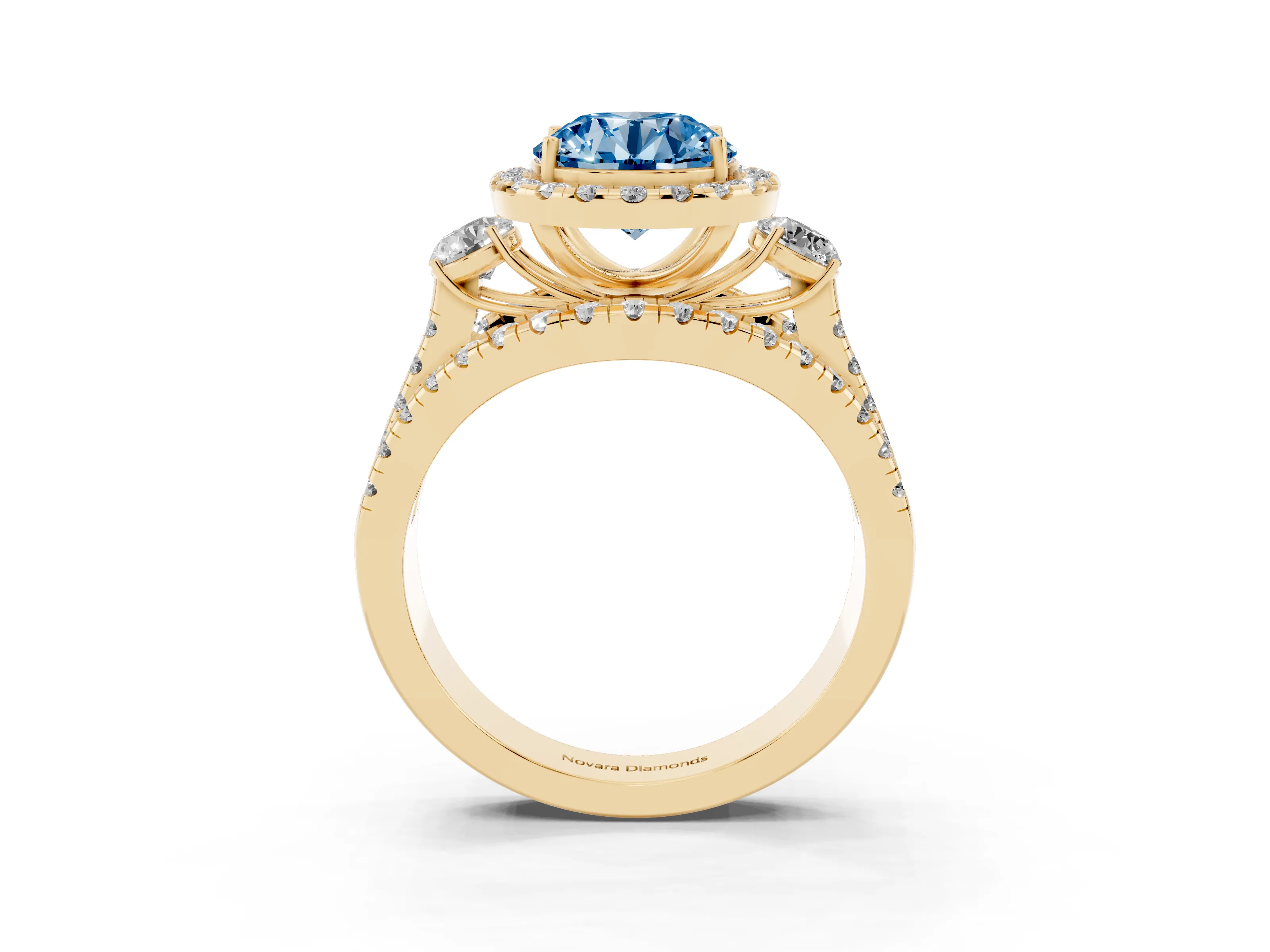 Fancy Blue Round Cut Diamond Halo Split Shank Ring Set in Yellow gold with Round Accent Stones and Prong Setting