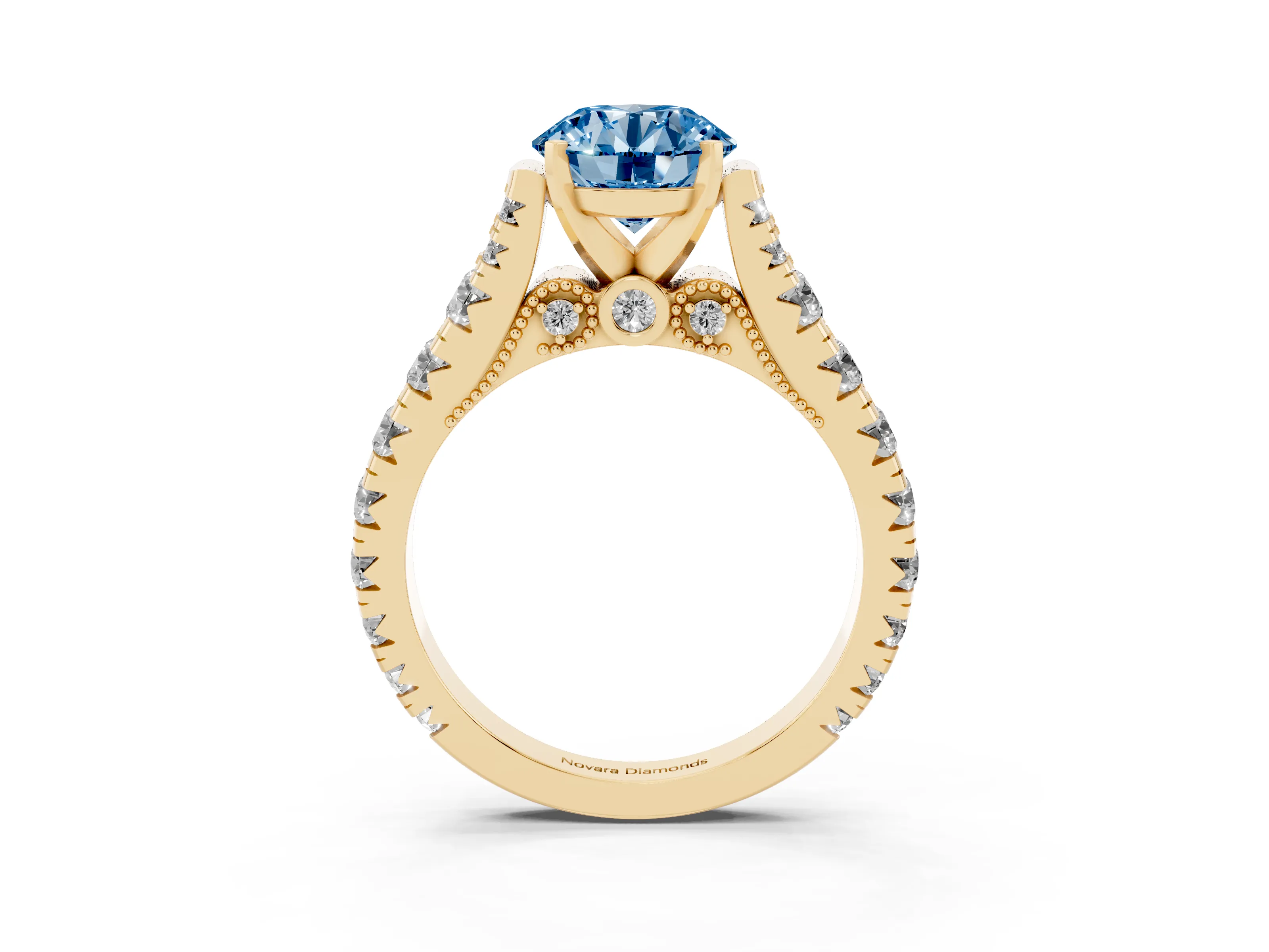 Fancy Blue Round Cut Diamond Classic Solitaire Ring Set in Yellow gold with Pavé Band and Prong Setting