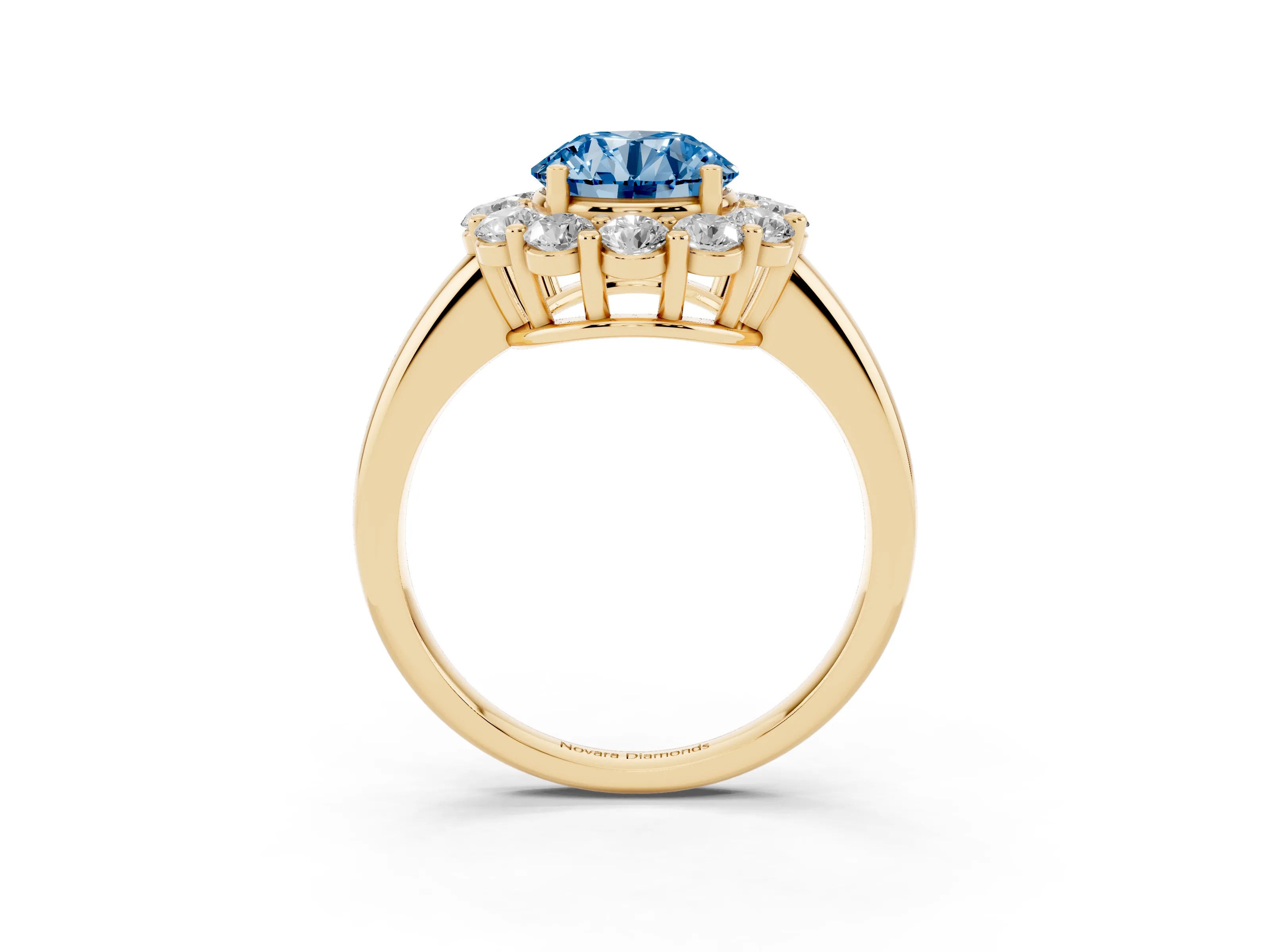 Fancy Blue Round Cut Diamond Halo Cluster Engagement Ring Set in Yellow gold with Polished Band and Prong Setting