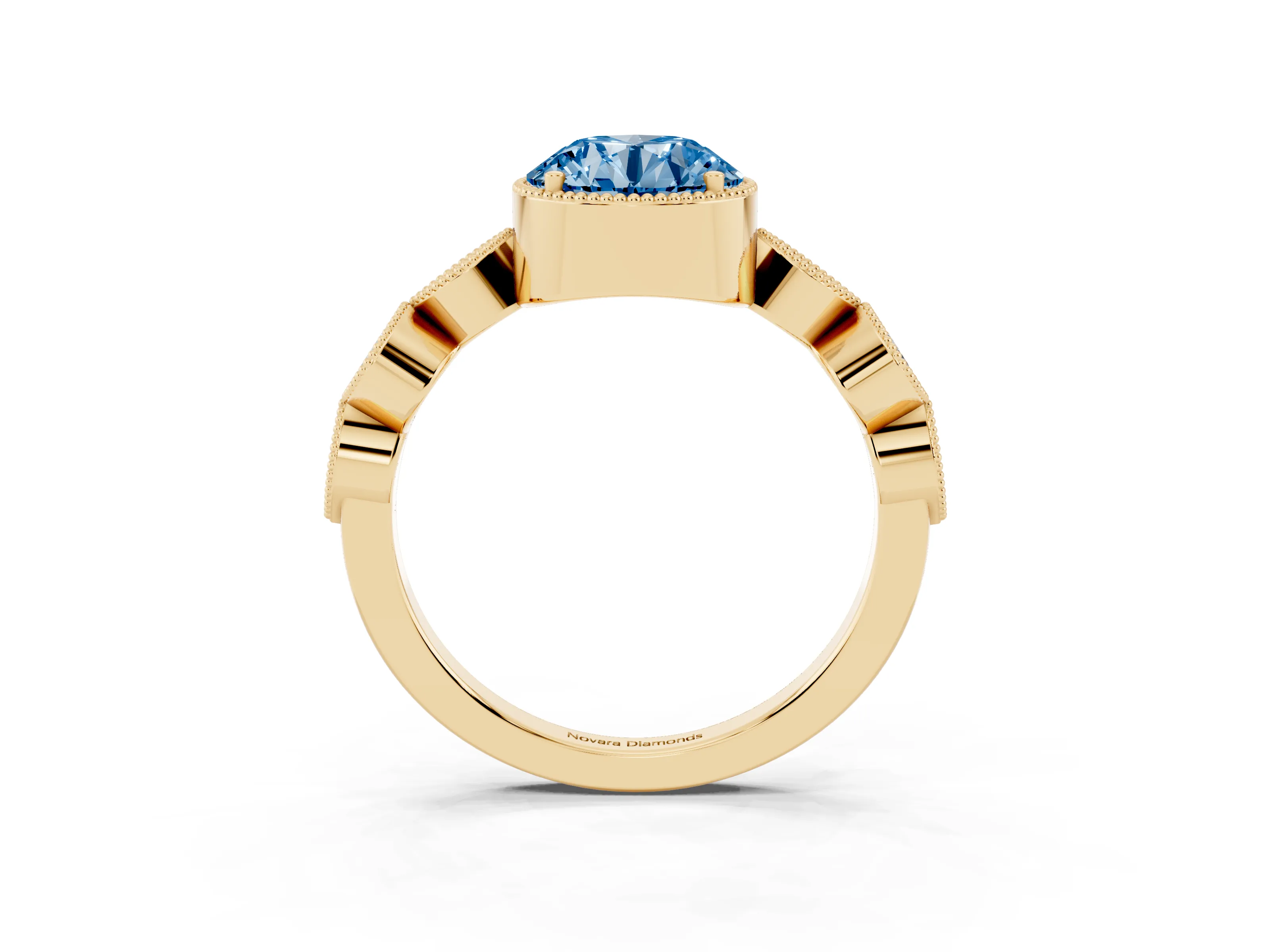 Fancy Blue Round Cut Diamond Vintage-Inspired Milgrain Ring Set in Yellow gold with Marquise Stations of Round Accents