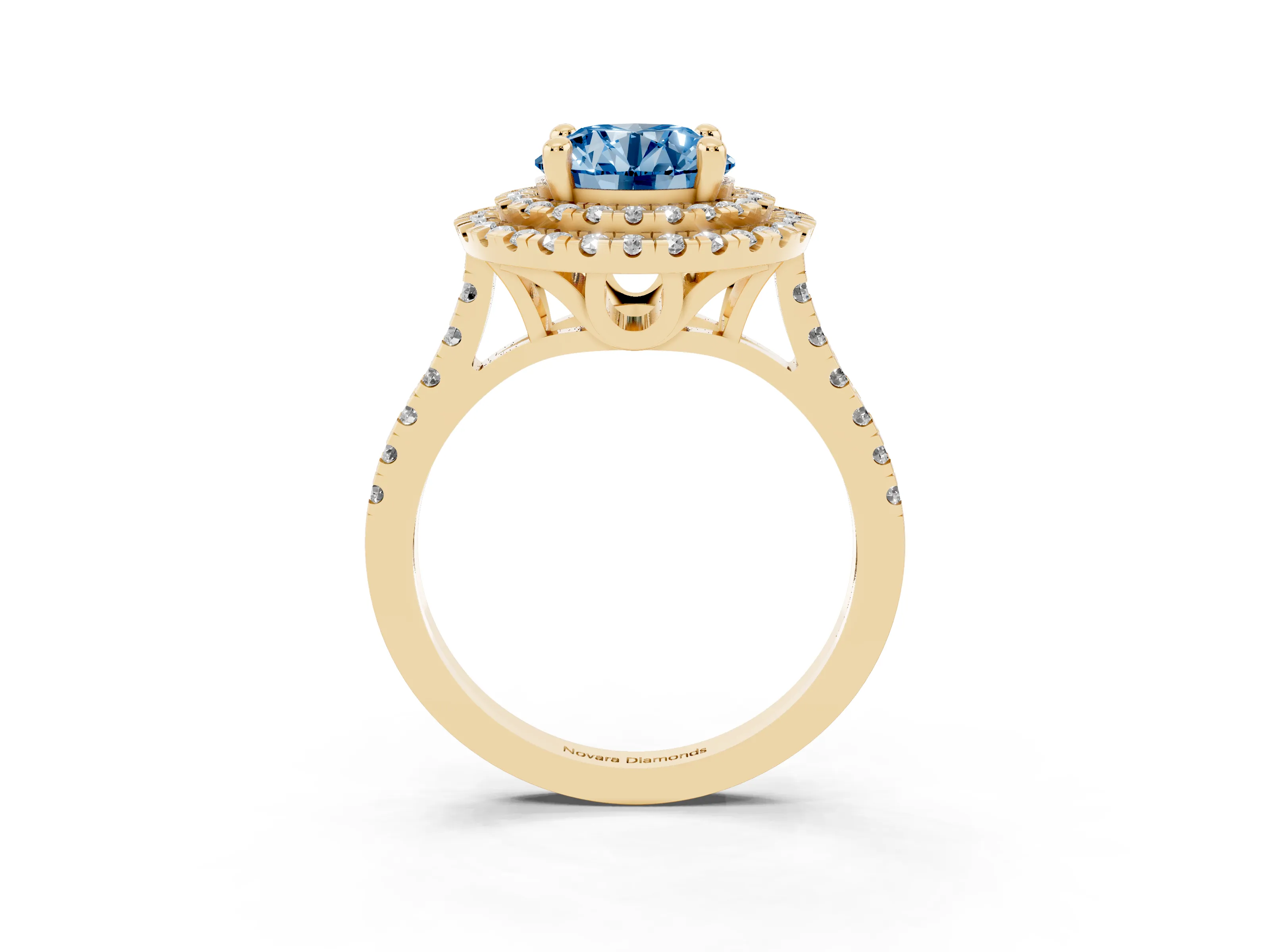 Fancy Blue Round Cut Diamond Double Halo Statement Ring Set in Yellow gold with Pavé Band