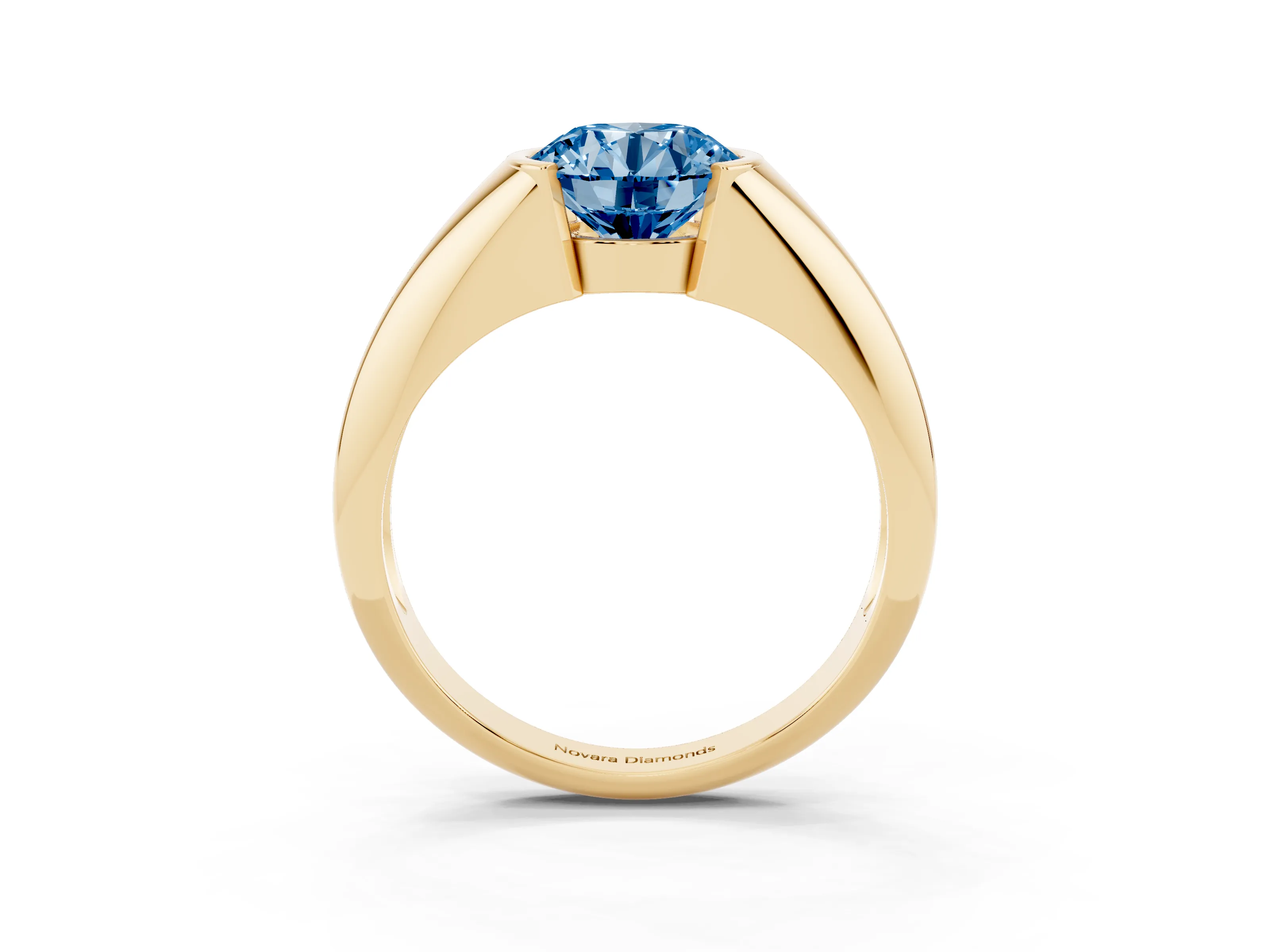 Fancy Blue Round Cut Diamond Solitaire Tension Set Ring Set in Yellow gold