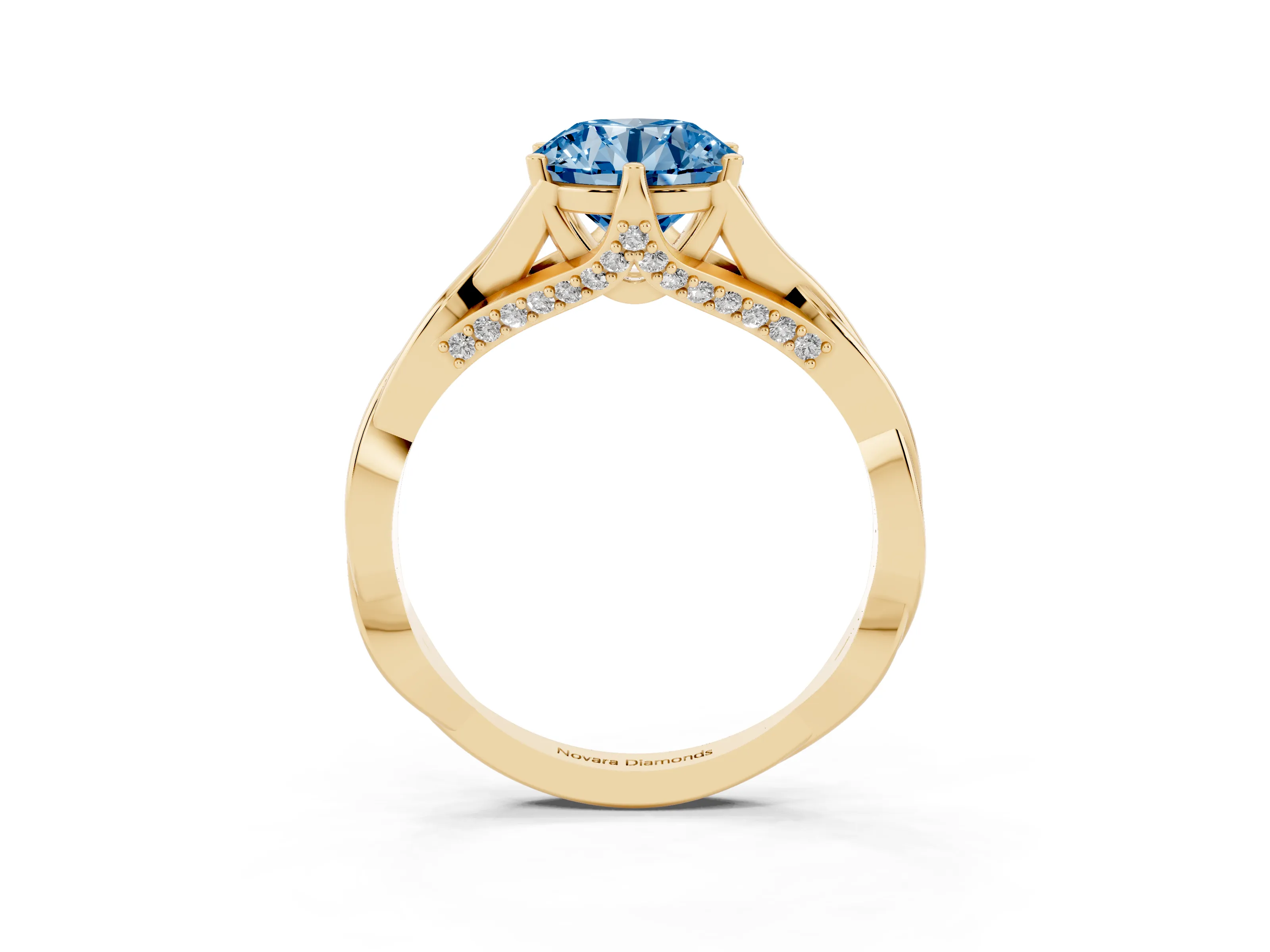Fancy Blue Round Cut Diamond Intertwined Twist Band Solitaire Ring Set in Yellow gold with Prong Setting