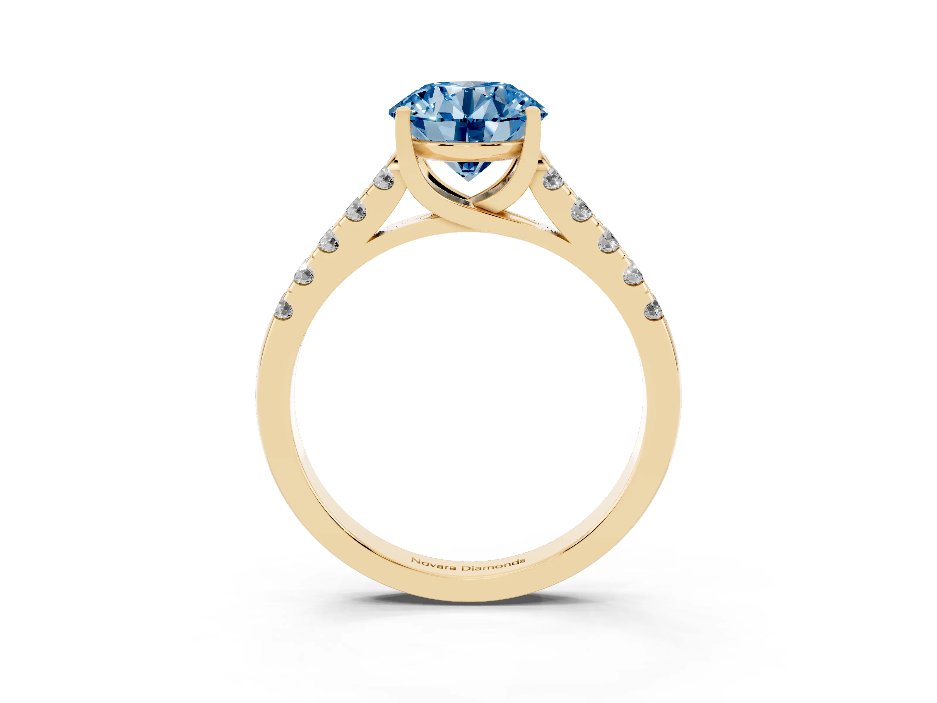 Fancy Blue Round Cut Diamond Pavé Band Solitaire Ring Set in Yellow gold with Partway Accent Stones and Prong Setting
