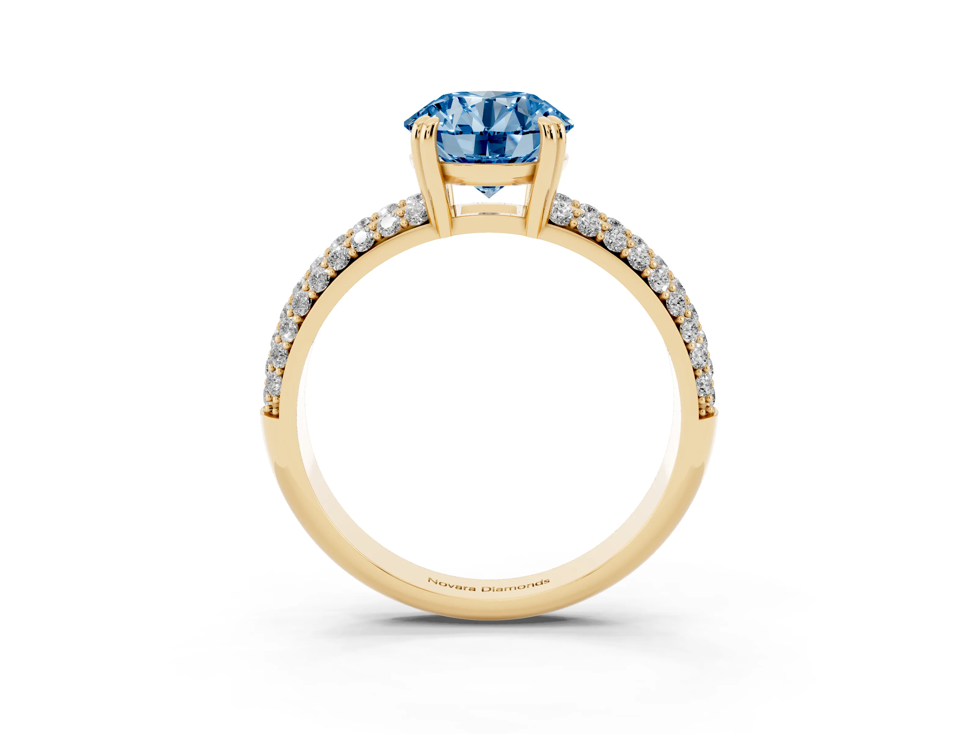 Fancy Blue Round Cut Diamond Solitaire Ring Set in Yellow gold with Multi-Row Round Pavé Band and Prong Setting