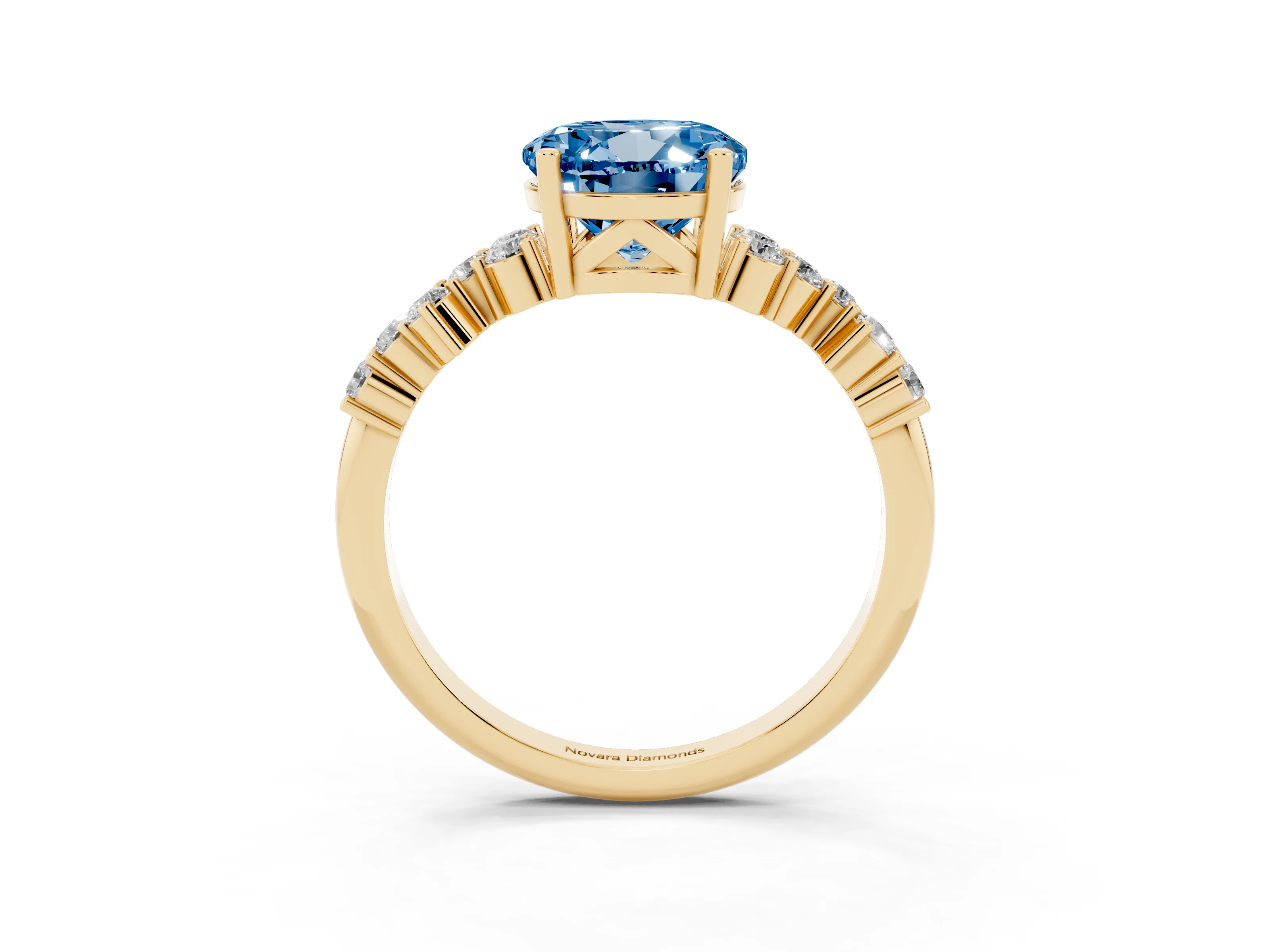 Fancy Blue Round Cut Diamond Ring Set in Yellow gold with Scattered Round Accents