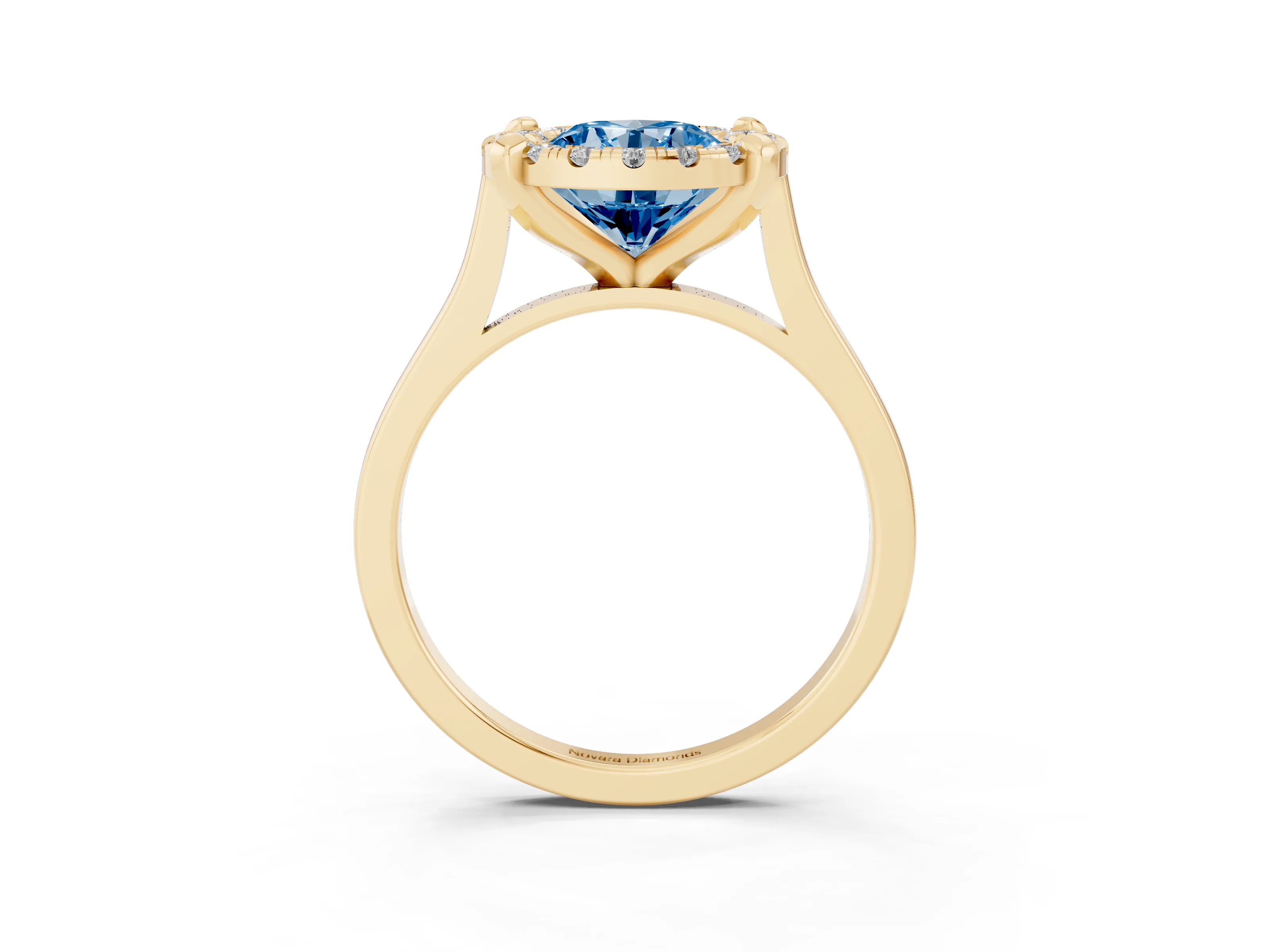 Fancy Blue Round Cut Diamond Cluster Halo Solitaire Ring Set in Yellow gold with Prong Setting