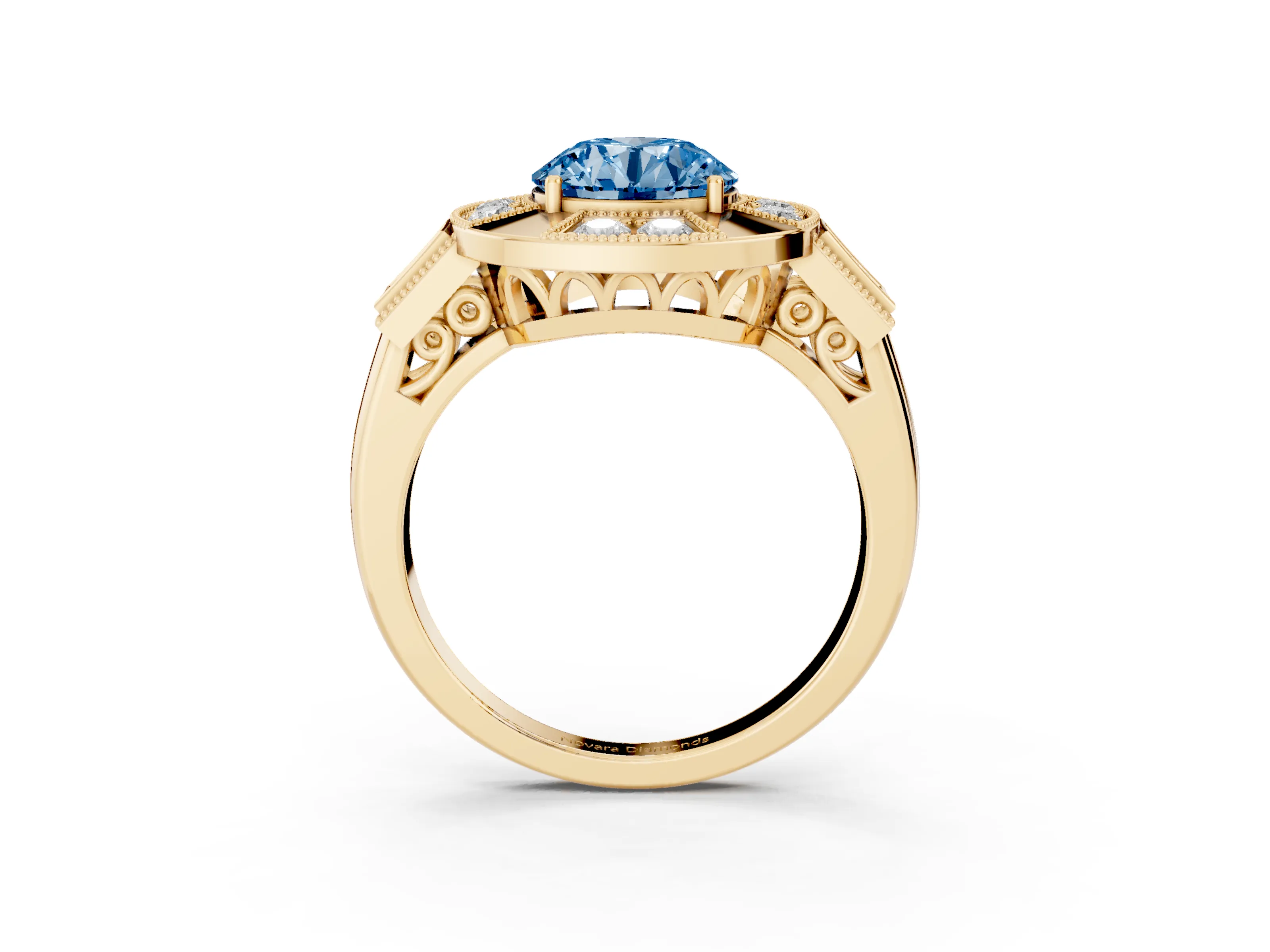 Fancy Blue Round Cut Diamond Milgrain Halo Ring Set in Yellow gold with Split Shank