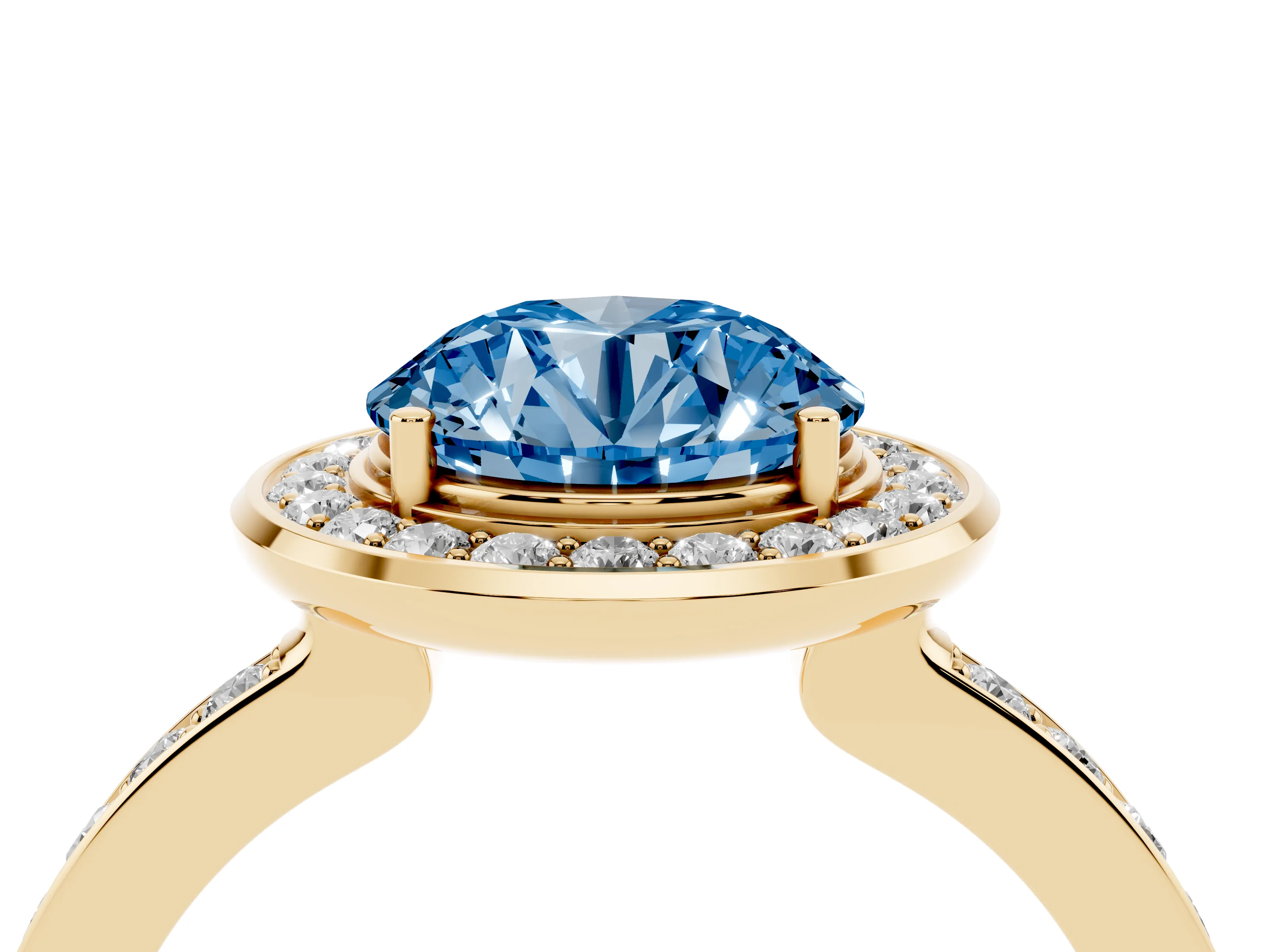 Fancy Blue Round Cut Diamond Halo Ring Set in Yellow gold with Bezel Frame and Pavé Band