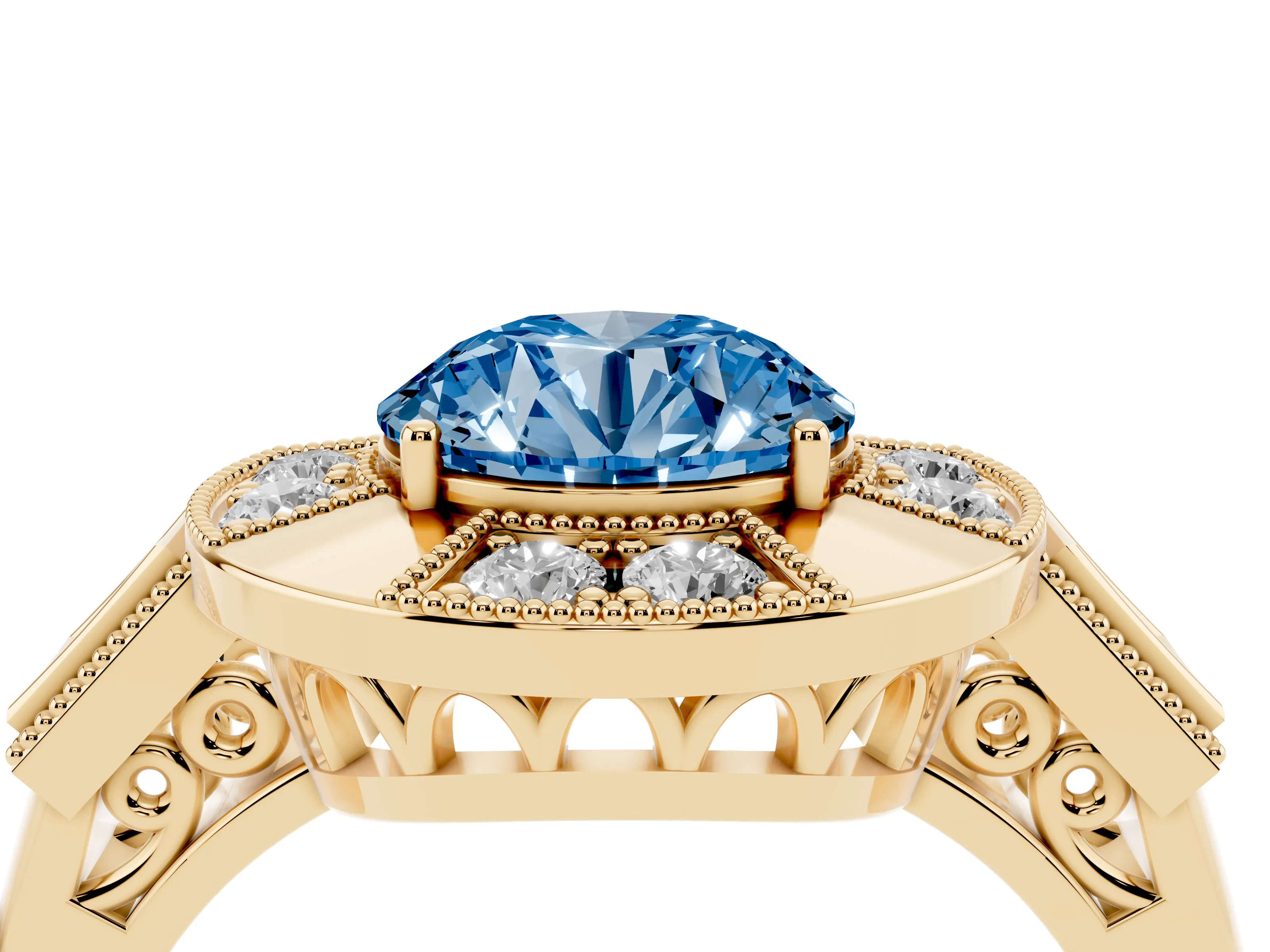 Fancy Blue Round Cut Diamond Milgrain Halo Ring Set in Yellow gold with Split Shank