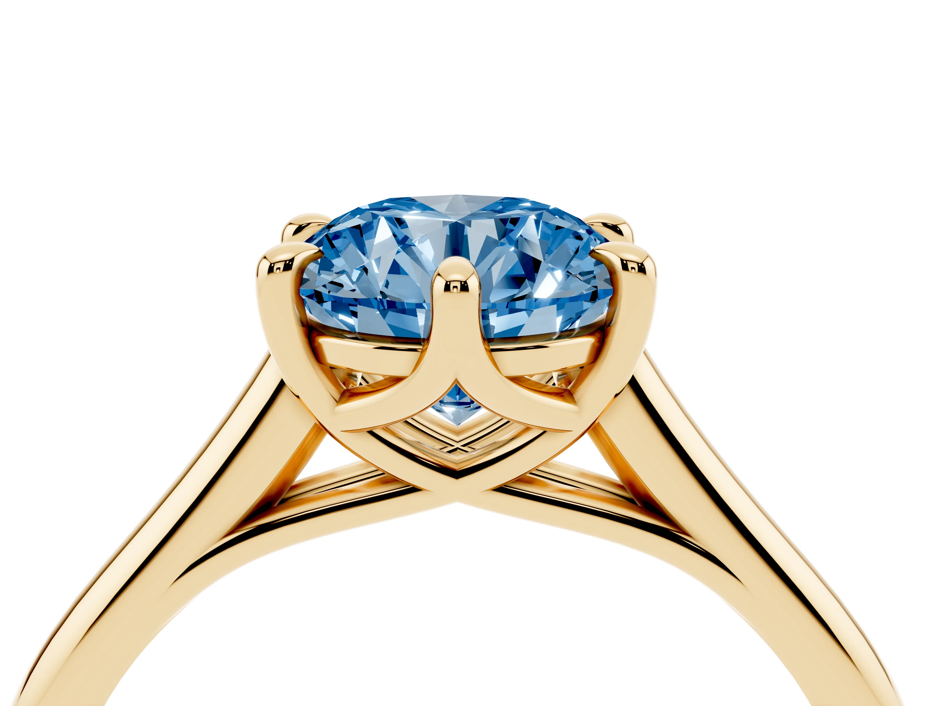 Fancy Blue Round Cut Diamond Solitaire Engagement Ring Set in Yellow gold with Prong Setting and Plain Classic Band