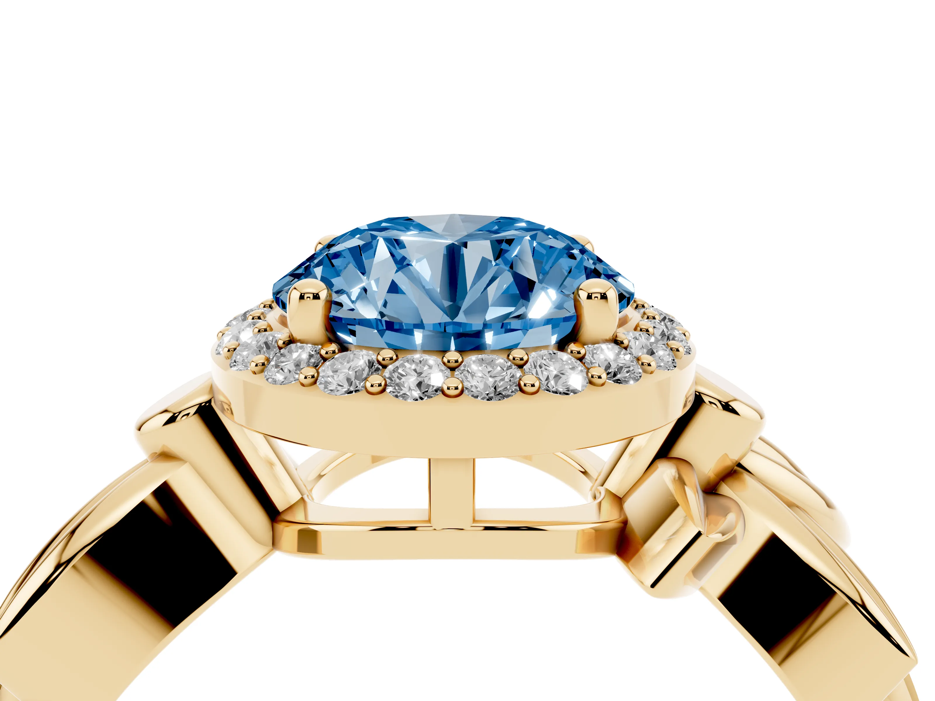 Fancy Blue Round Cut Diamond Halo Floral Band Ring Set in Yellow gold with Prong Setting