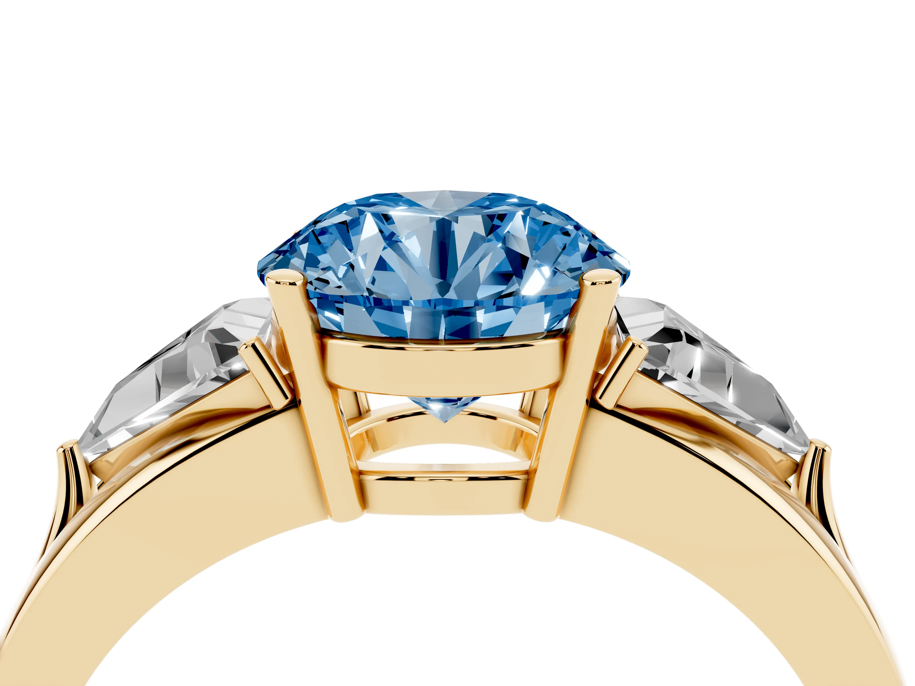 Fancy Blue Round Cut Diamond Three-Stone Ring Set in Yellow gold with Trillion Side Stones and Split Shank