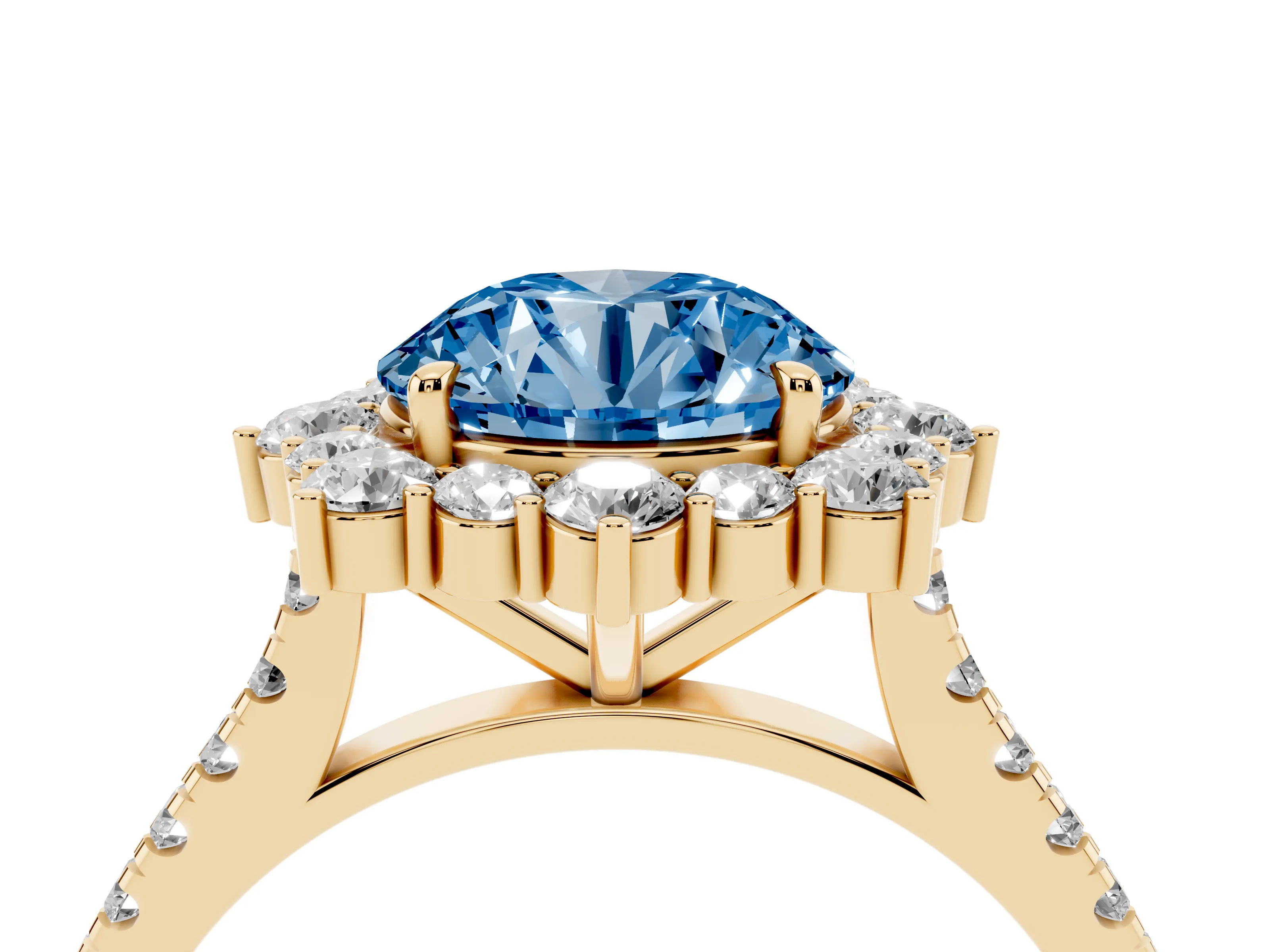 Fancy Blue Round Cut Diamond Halo Ring Set in Yellow gold with Pavé Band and Prong Setting