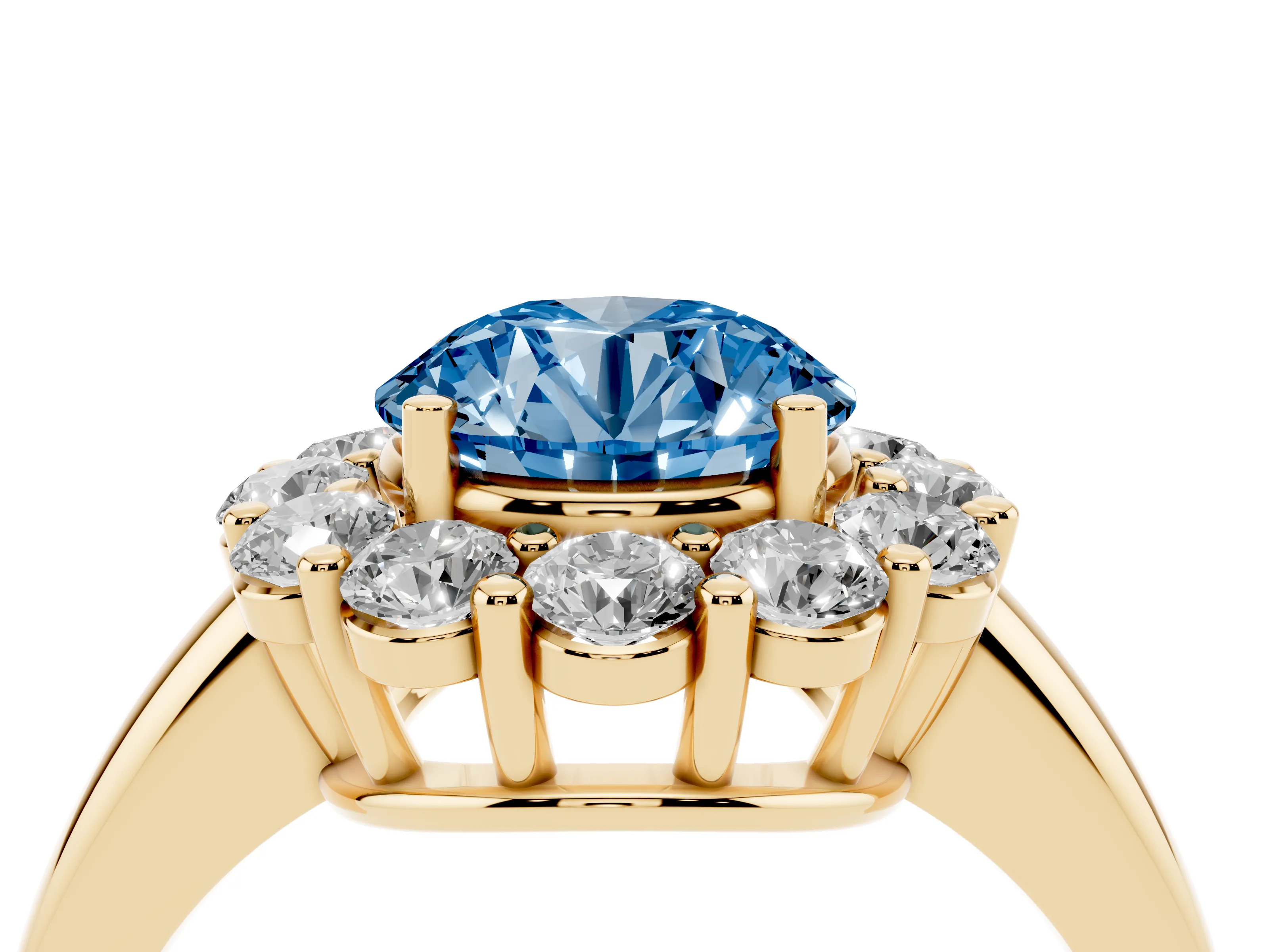 Fancy Blue Round Cut Diamond Halo Cluster Engagement Ring Set in Yellow gold with Polished Band and Prong Setting